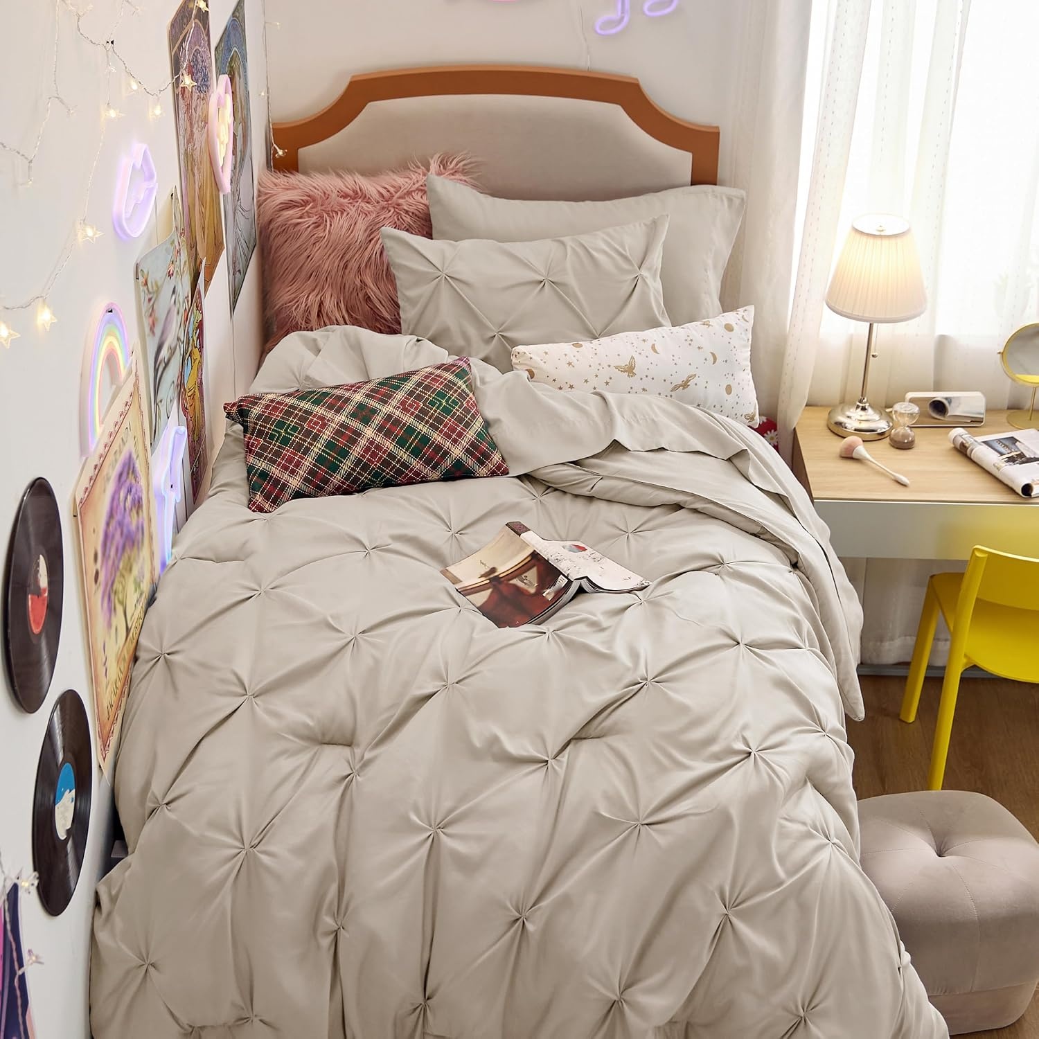 image:imageBedsure Twin XL Comforter Set Pink Dorm Room Essentials for Girls Extra Long Twin XL Bedding Set with Sheets All Season Down Alternative Comforter with Sheets Pillowcase amp Sham09 Beige