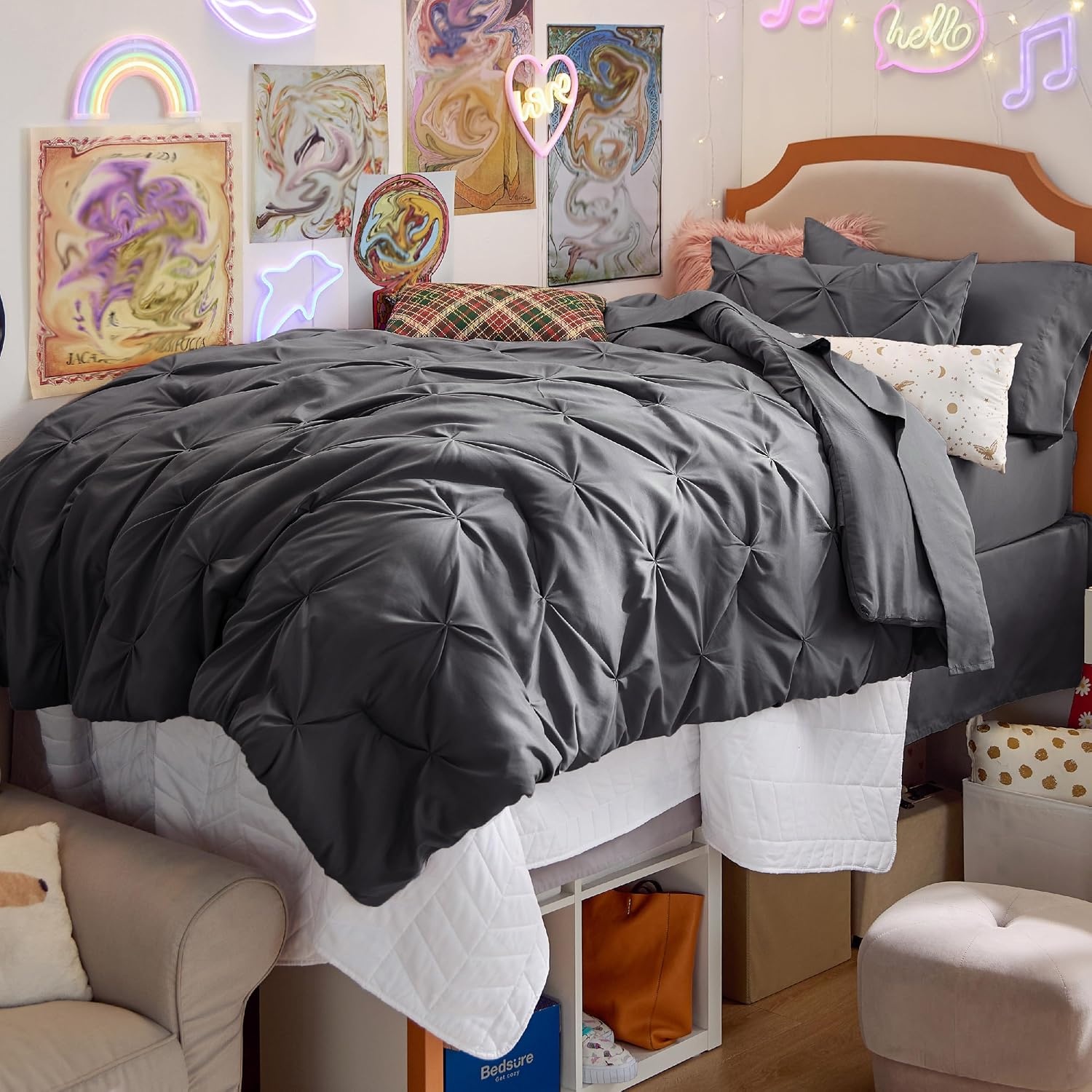image:imageBedsure Twin XL Comforter Set Pink Dorm Room Essentials for Girls Extra Long Twin XL Bedding Set with Sheets All Season Down Alternative Comforter with Sheets Pillowcase amp Sham04 Dark Grey