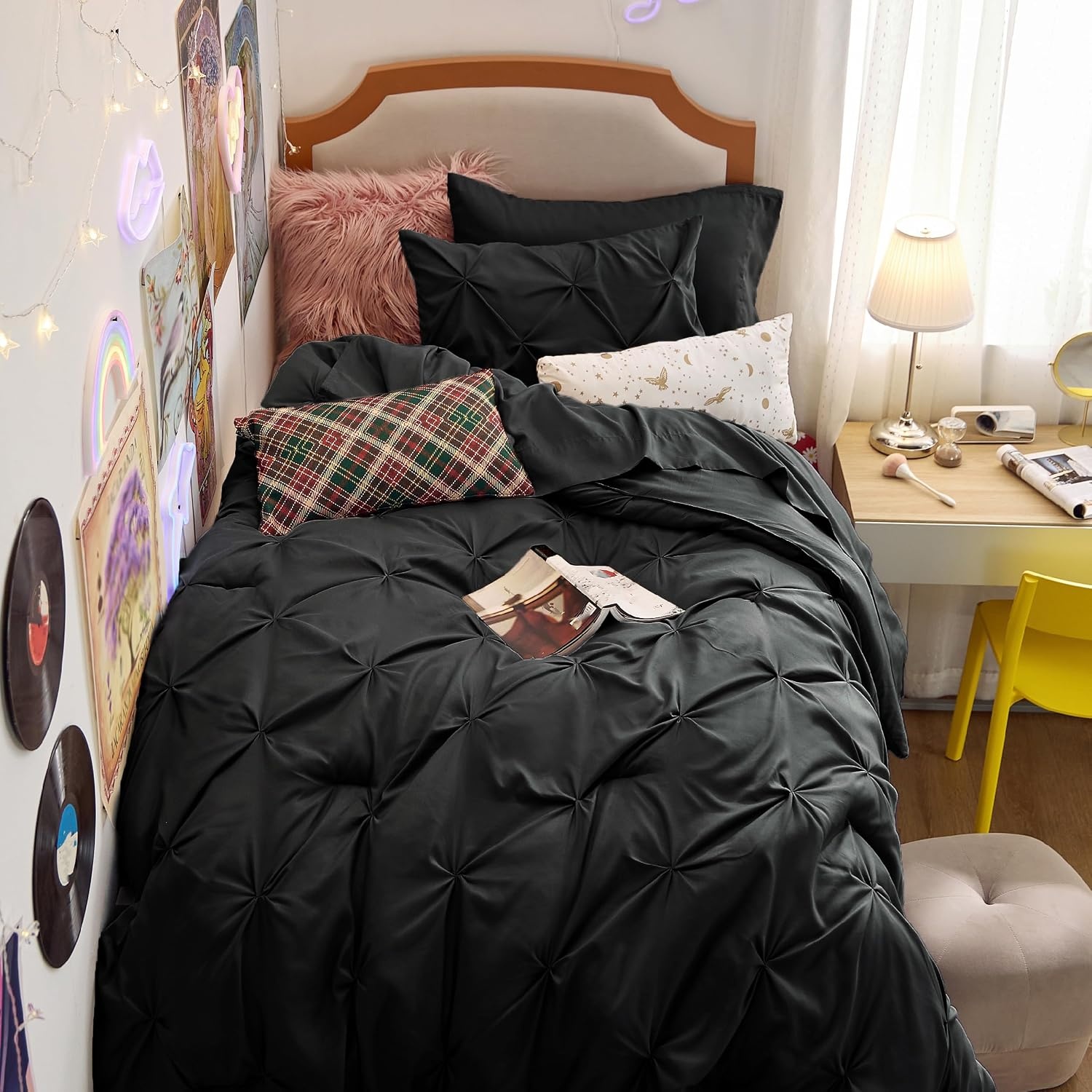 image:imageBedsure Twin XL Comforter Set Pink Dorm Room Essentials for Girls Extra Long Twin XL Bedding Set with Sheets All Season Down Alternative Comforter with Sheets Pillowcase amp Sham11 Black