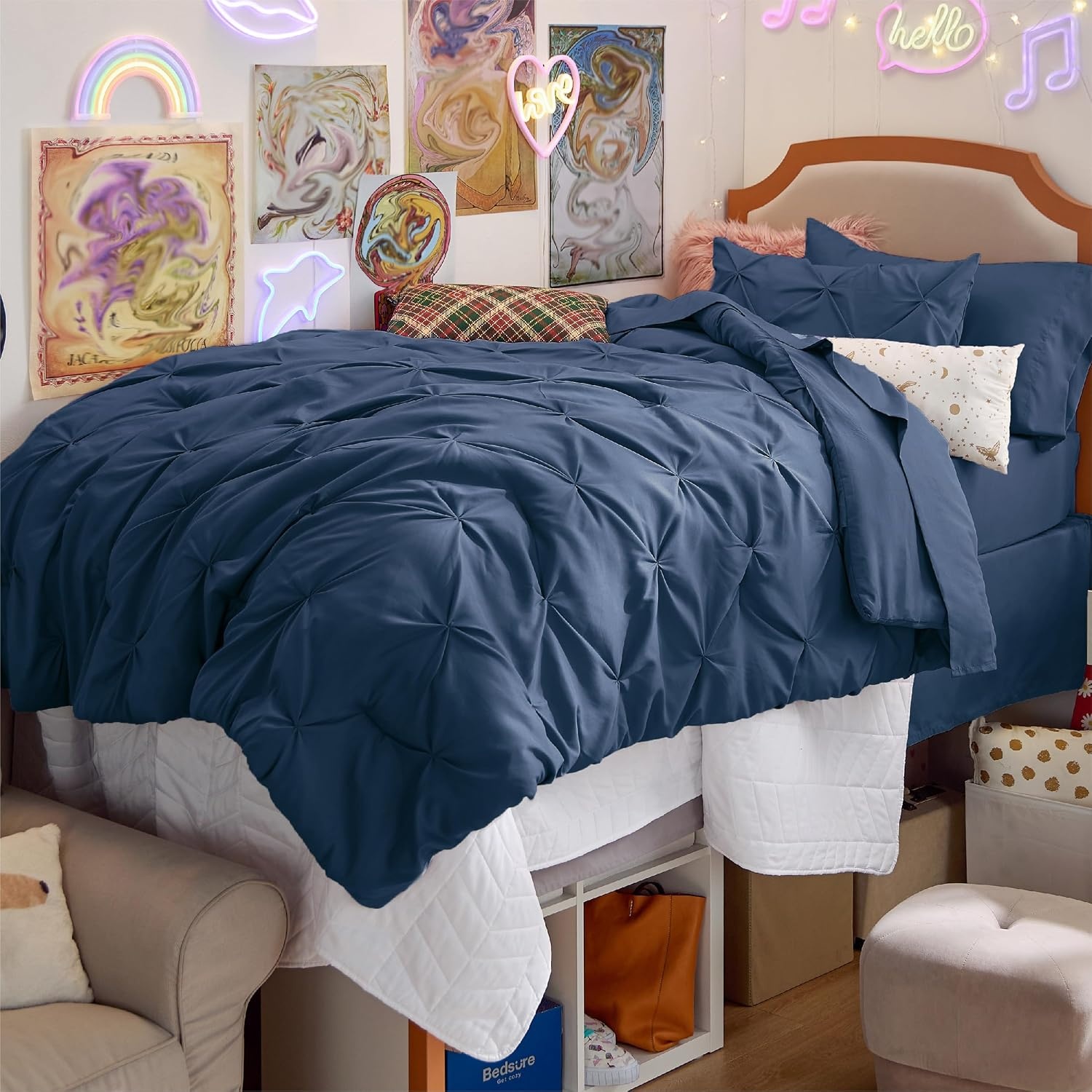 image:imageBedsure Twin XL Comforter Set Pink Dorm Room Essentials for Girls Extra Long Twin XL Bedding Set with Sheets All Season Down Alternative Comforter with Sheets Pillowcase amp Sham12 Navy