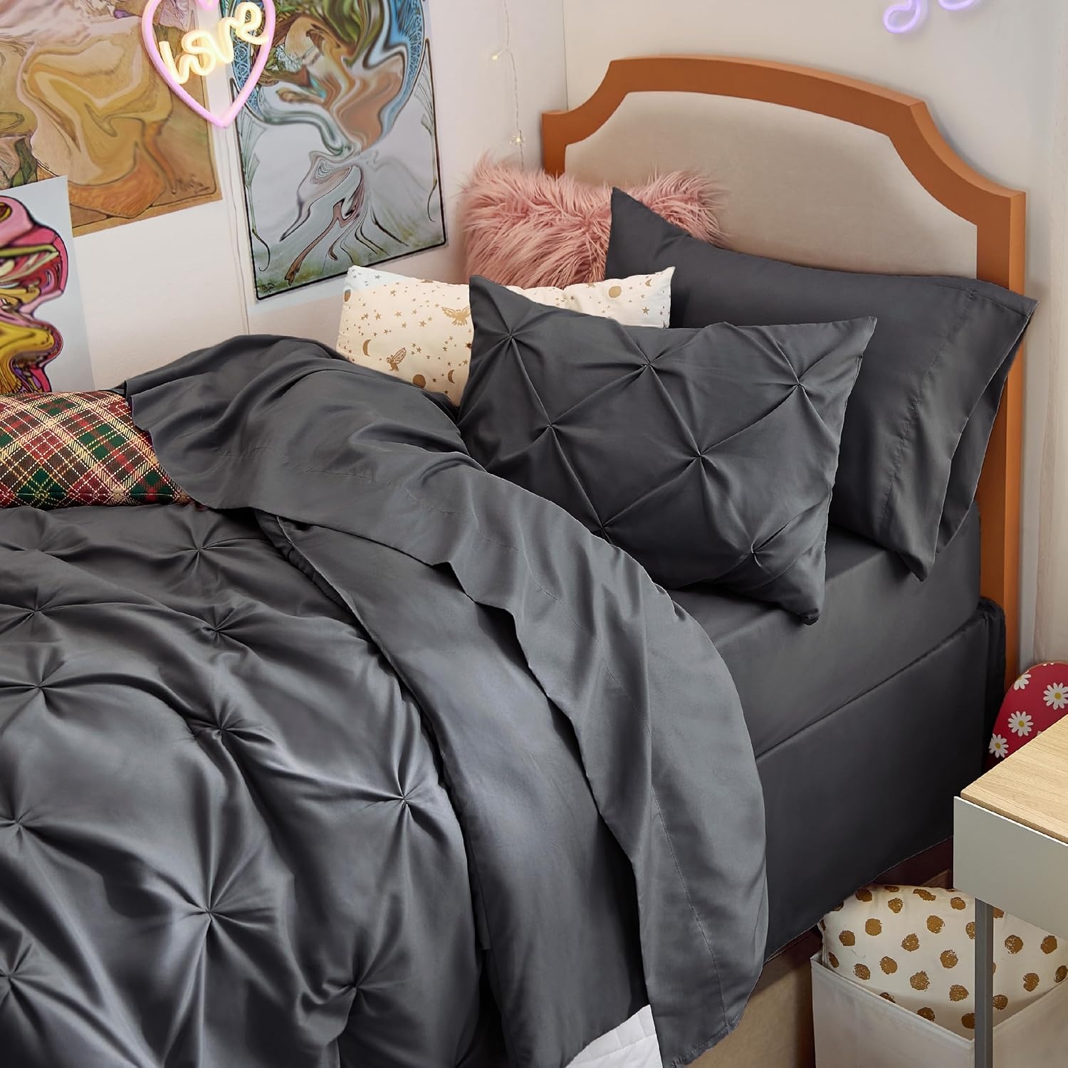 image:imageBedsure Twin XL Comforter Set Pink Dorm Room Essentials for Girls Extra Long Twin XL Bedding Set with Sheets All Season Down Alternative Comforter with Sheets Pillowcase amp Sham04 Dark Grey
