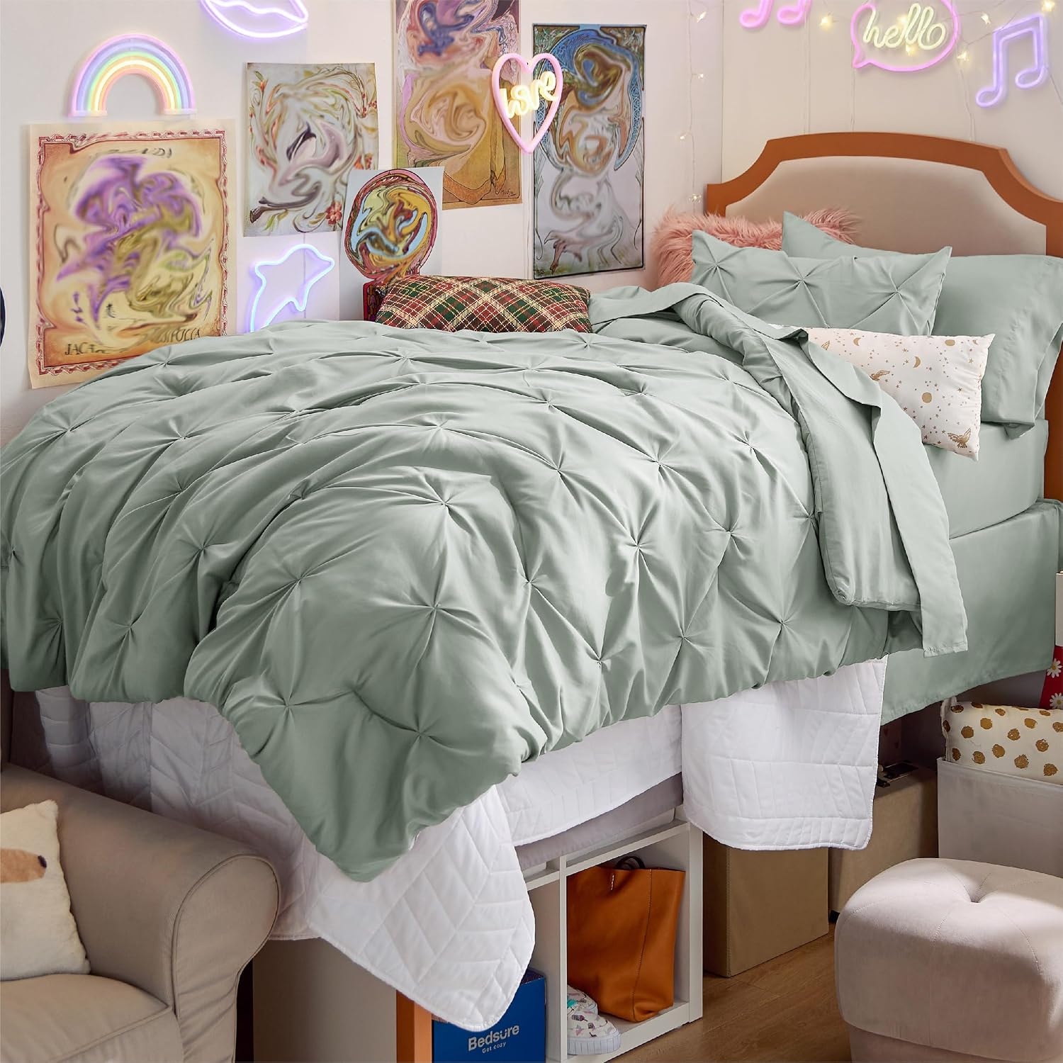 image:imageBedsure Twin XL Comforter Set Pink Dorm Room Essentials for Girls Extra Long Twin XL Bedding Set with Sheets All Season Down Alternative Comforter with Sheets Pillowcase amp Sham05 Sage Green