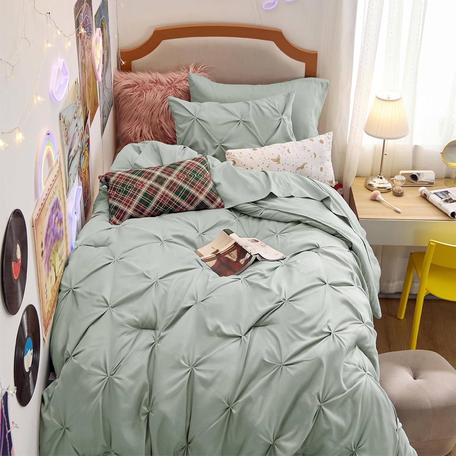 image:imageBedsure Twin XL Comforter Set Pink Dorm Room Essentials for Girls Extra Long Twin XL Bedding Set with Sheets All Season Down Alternative Comforter with Sheets Pillowcase amp Sham05 Sage Green