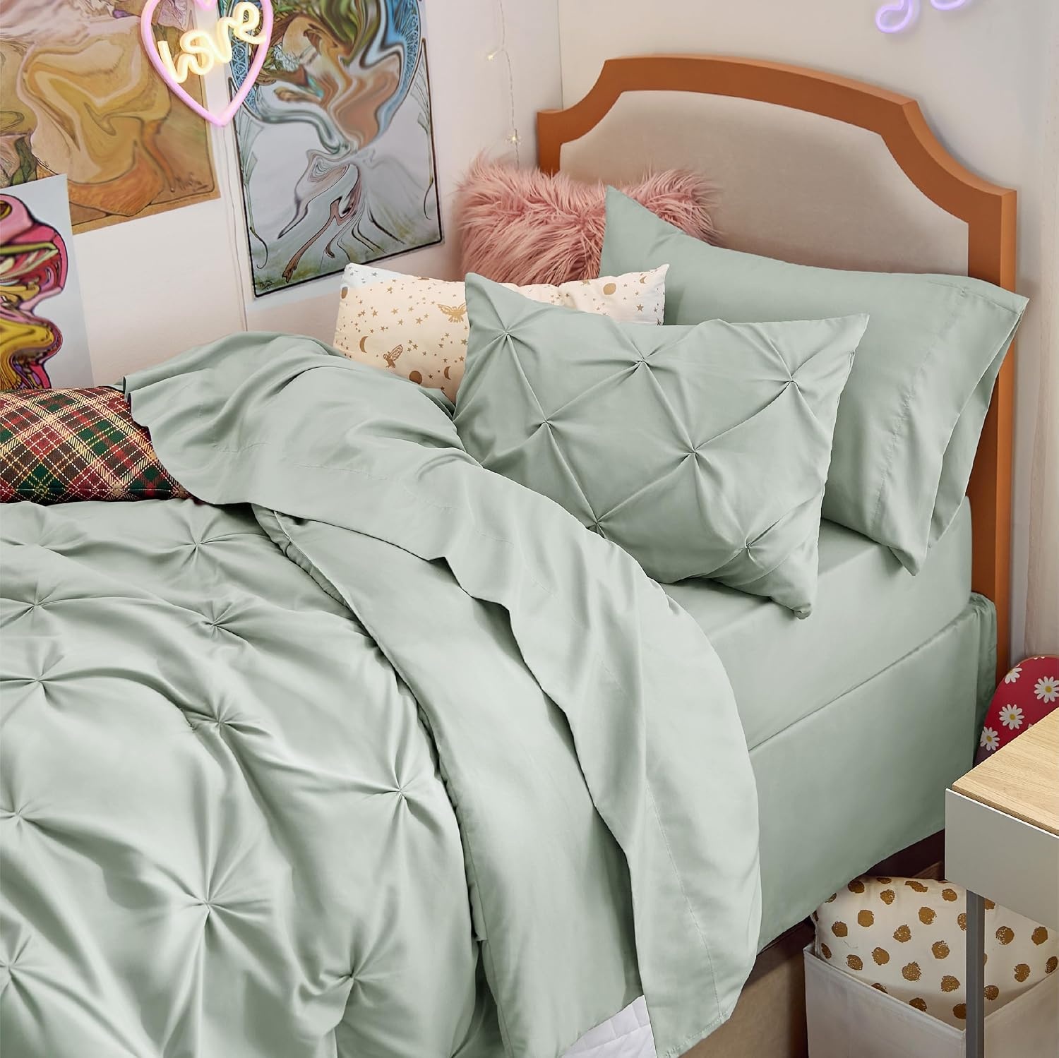 image:imageBedsure Twin XL Comforter Set Pink Dorm Room Essentials for Girls Extra Long Twin XL Bedding Set with Sheets All Season Down Alternative Comforter with Sheets Pillowcase amp Sham05 Sage Green