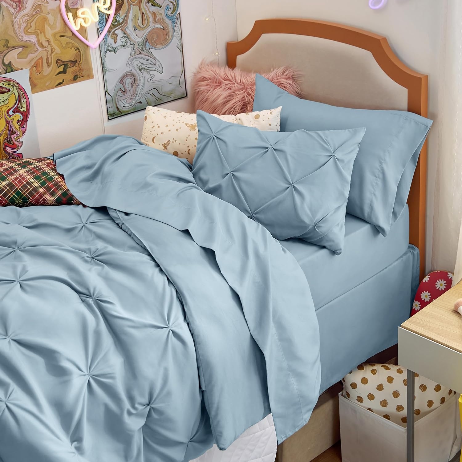 image:imageBedsure Twin XL Comforter Set Pink Dorm Room Essentials for Girls Extra Long Twin XL Bedding Set with Sheets All Season Down Alternative Comforter with Sheets Pillowcase amp Sham18 Light Blue