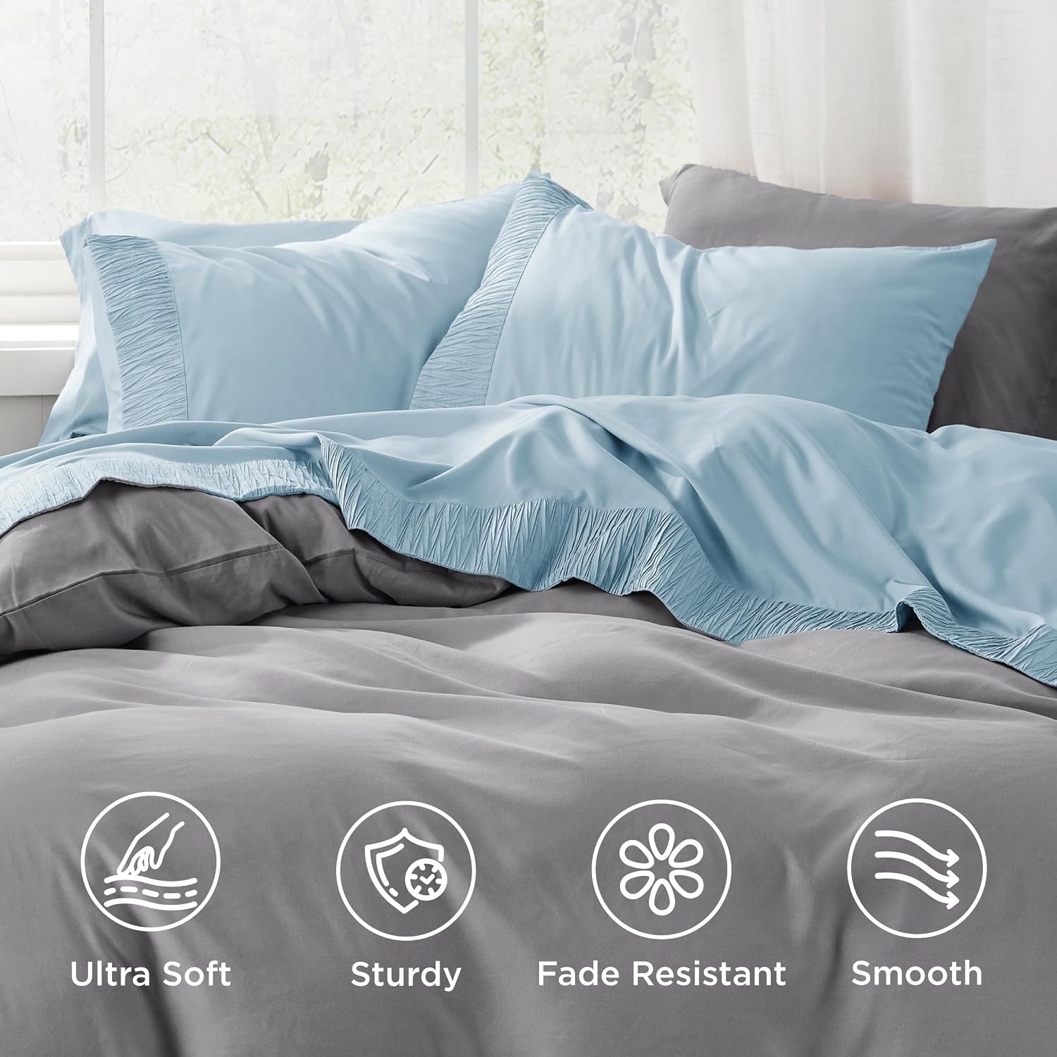 image:imageBedsure Twin XL Sheets Dorm Bedding 3 Pieces Soft Extra Long Twin Sheets Breathable Cooling Oeko Tex Deep Pocket Easy Care Resistant Sturdiness Lightweight College Dorm Bedding for StudentsLight Blue