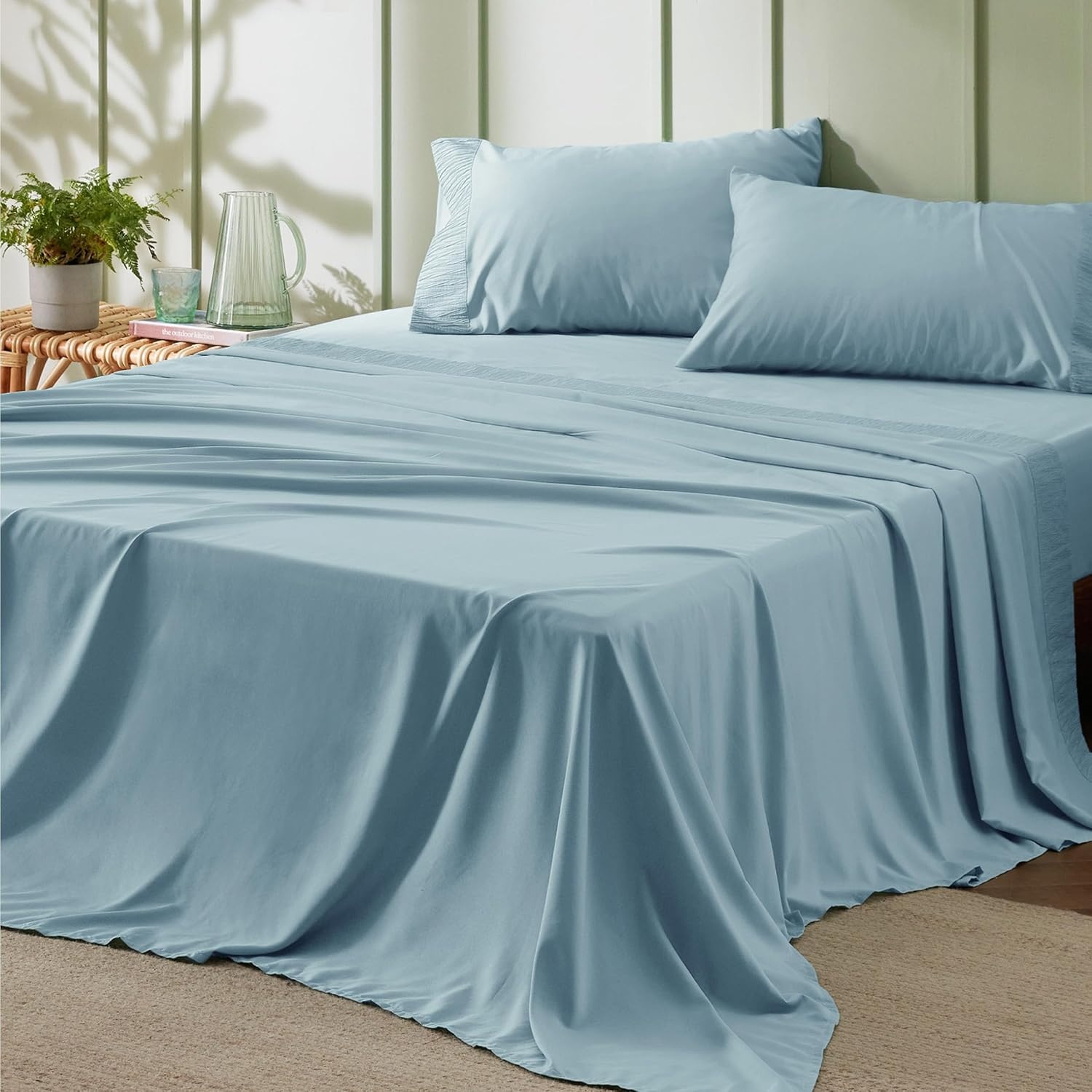 image:imageBedsure Twin XL Sheets Dorm Bedding 3 Pieces Soft Extra Long Twin Sheets Breathable Cooling Oeko Tex Deep Pocket Easy Care Resistant Sturdiness Lightweight College Dorm Bedding for StudentsLight Blue