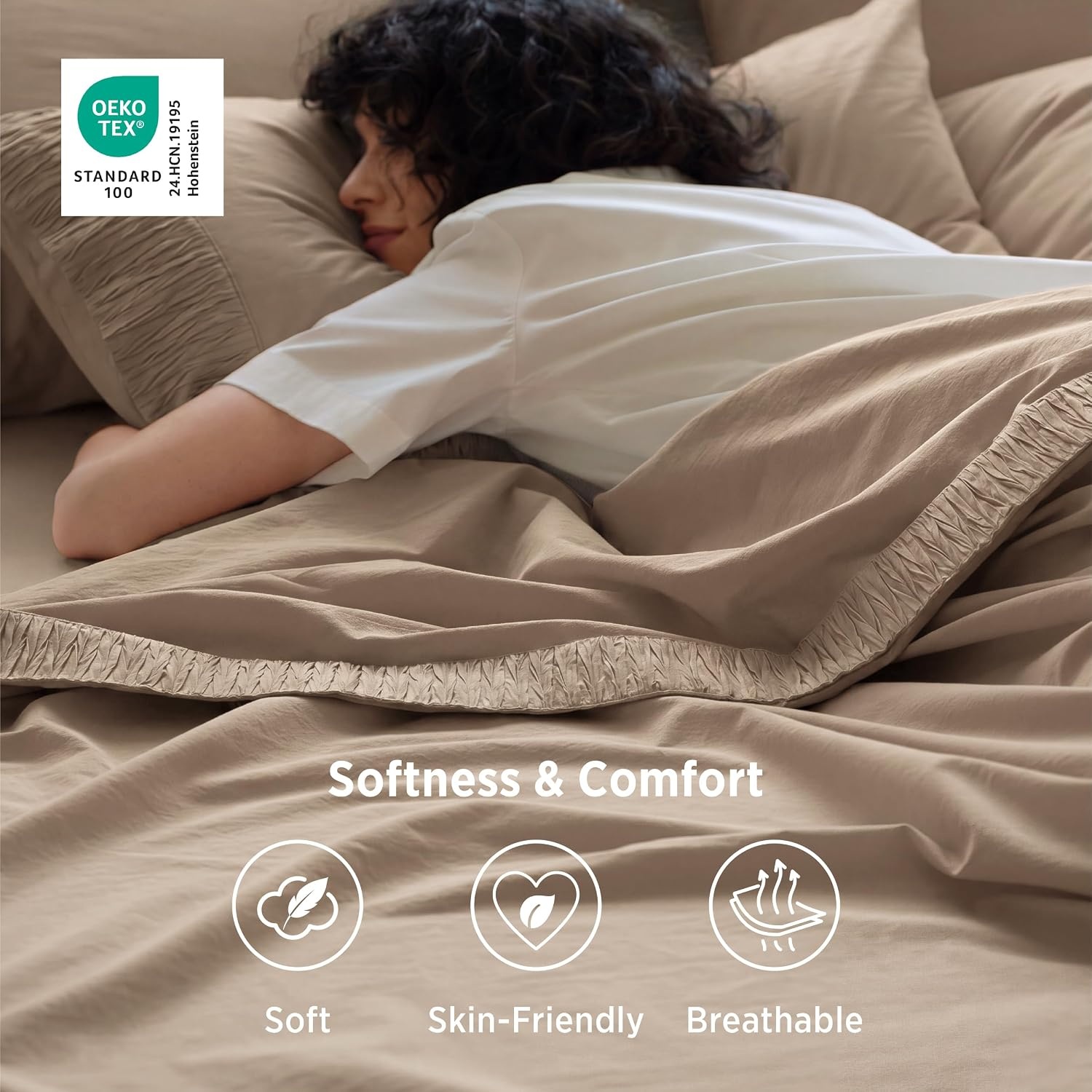 image:imageBedsure Twin XL Sheets Dorm Bedding 3 Pieces Soft Extra Long Twin Sheets Breathable Cooling Oeko Tex Deep Pocket Easy Care Resistant Sturdiness Lightweight College Dorm Bedding for Students15 Light Khaki