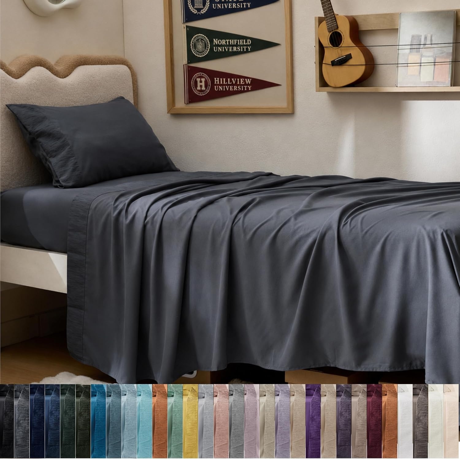 image:imageBedsure Twin XL Sheets Dorm Bedding 3 Pieces Soft Extra Long Twin Sheets Breathable Cooling Oeko Tex Deep Pocket Easy Care Resistant Sturdiness Lightweight College Dorm Bedding for Students01 Dark Grey