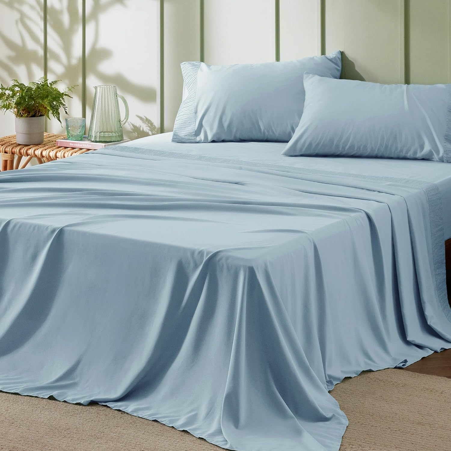 image:imageBedsure Twin XL Sheets Dorm Bedding 3 Pieces Soft Extra Long Twin Sheets Breathable Cooling Oeko Tex Deep Pocket Easy Care Resistant Sturdiness Lightweight College Dorm Bedding for StudentsLight Blue