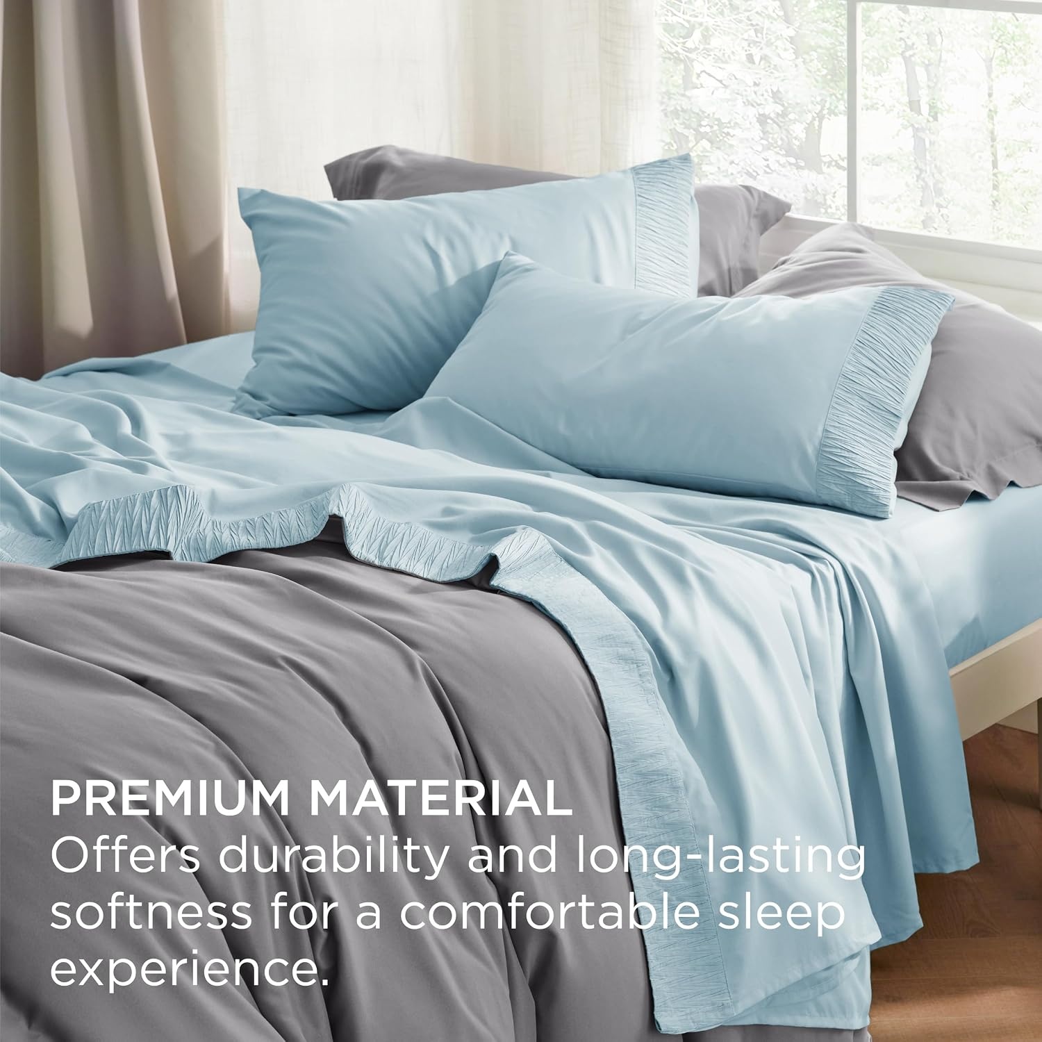 image:imageBedsure Twin XL Sheets Dorm Bedding 3 Pieces Soft Extra Long Twin Sheets Breathable Cooling Oeko Tex Deep Pocket Easy Care Resistant Sturdiness Lightweight College Dorm Bedding for StudentsLight Blue