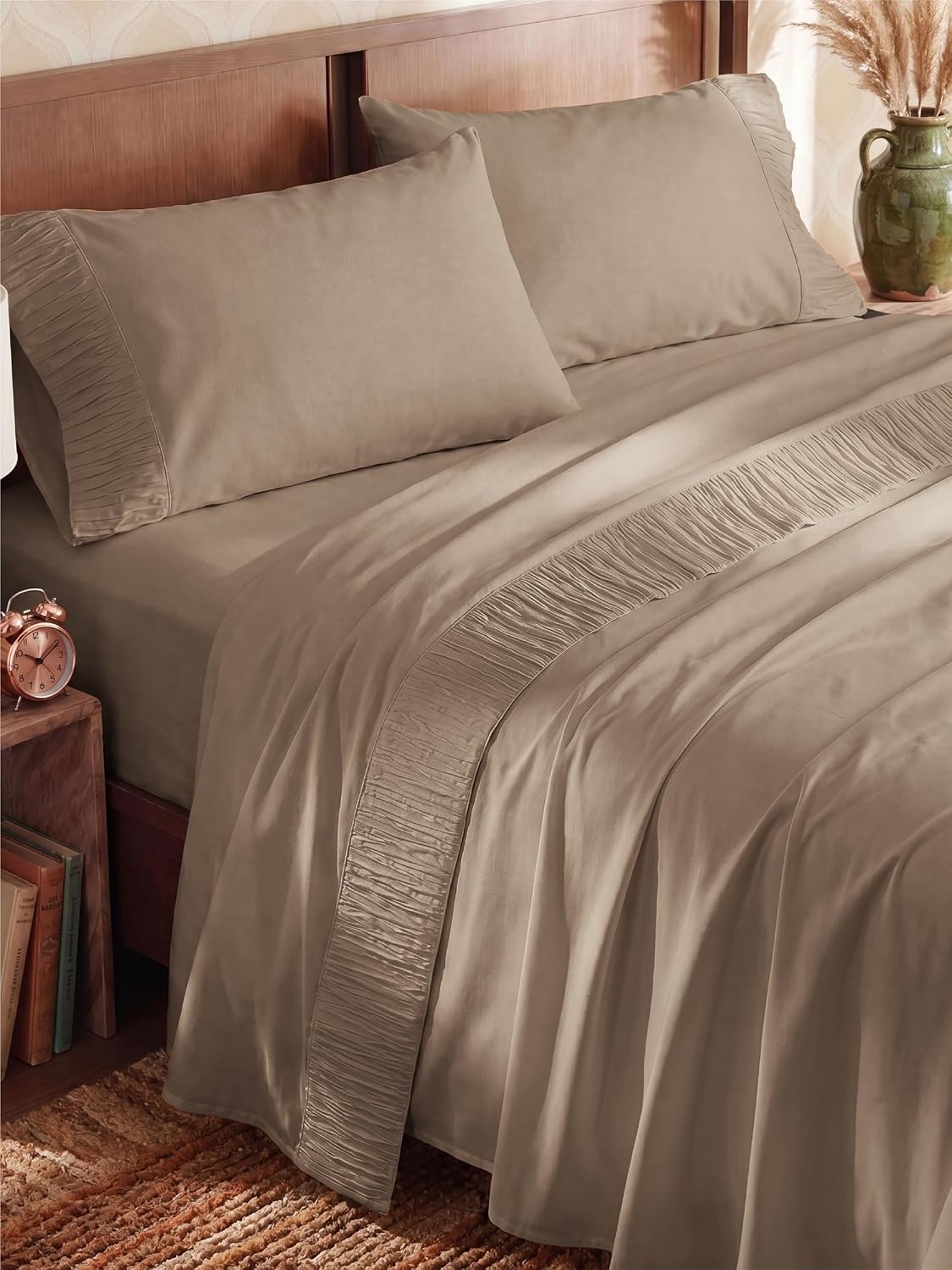 image:imageBedsure Twin XL Sheets Dorm Bedding 3 Pieces Soft Extra Long Twin Sheets Breathable Cooling Oeko Tex Deep Pocket Easy Care Resistant Sturdiness Lightweight College Dorm Bedding for Students15 Light Khaki