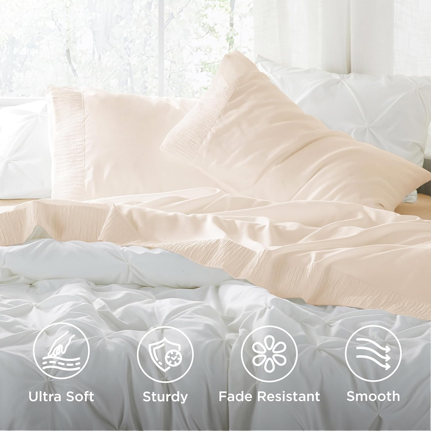 image:imageBedsure Twin XL Sheets Dorm Bedding 3 Pieces Soft Extra Long Twin Sheets Breathable Cooling Oeko Tex Deep Pocket Easy Care Resistant Sturdiness Lightweight College Dorm Bedding for Students08 Light Beige