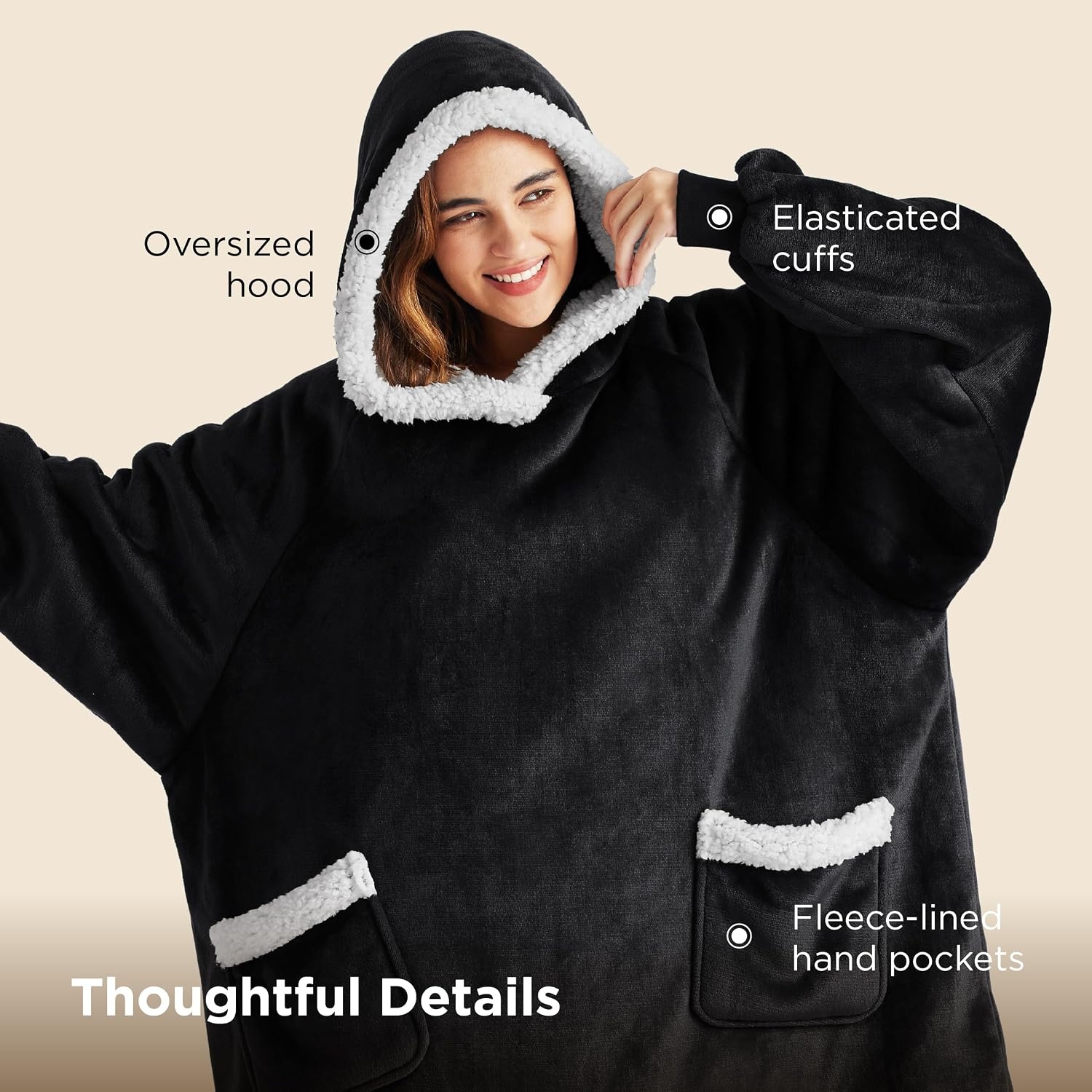 image:imageBedsure Wearable Blanket Sherpa Hoodie Gifts Sweatshirt Grey Standard Gifts for WomenMen Warm Soft Cozy Sherpa Fleece Machine Wash Birthday GiftsBlack
