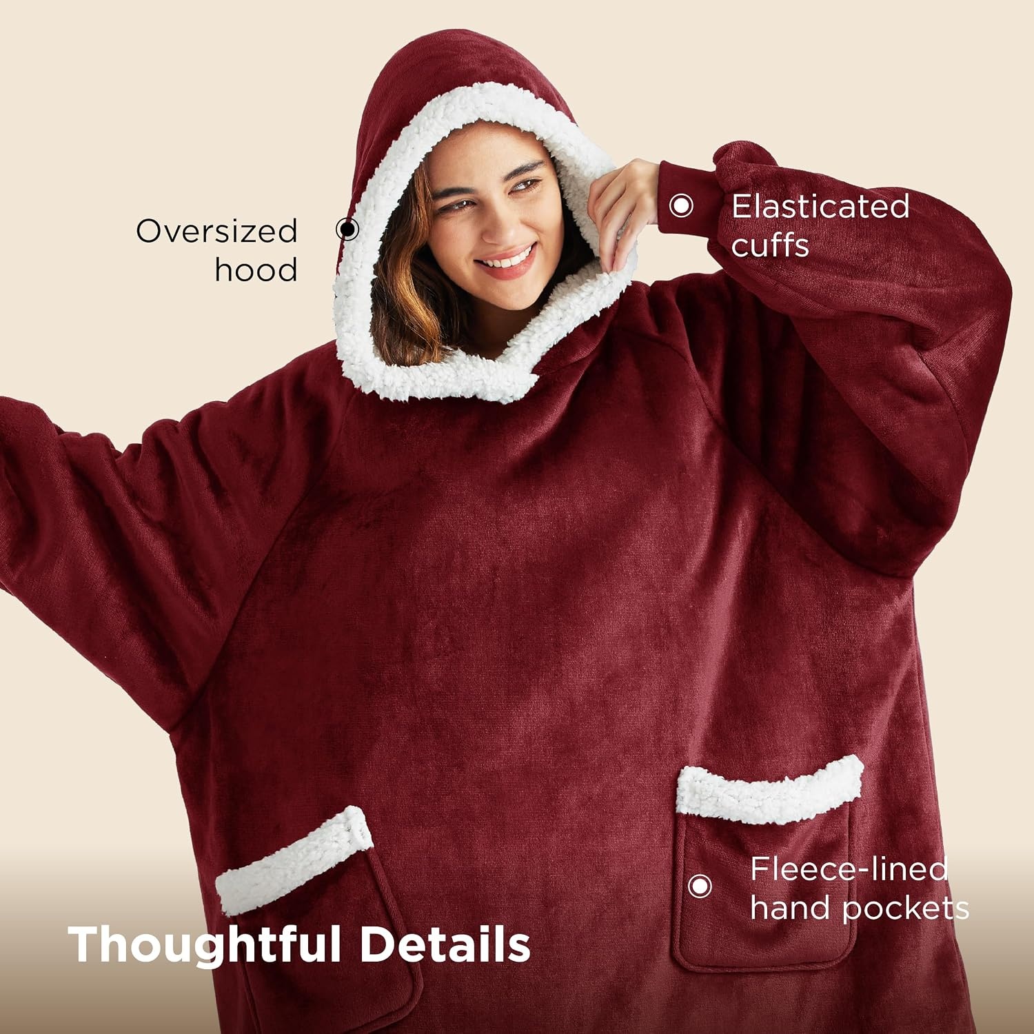 image:imageBedsure Wearable Blanket Sherpa Hoodie Gifts Sweatshirt Grey Standard Gifts for WomenMen Warm Soft Cozy Sherpa Fleece Machine Wash Birthday GiftsBurgundy