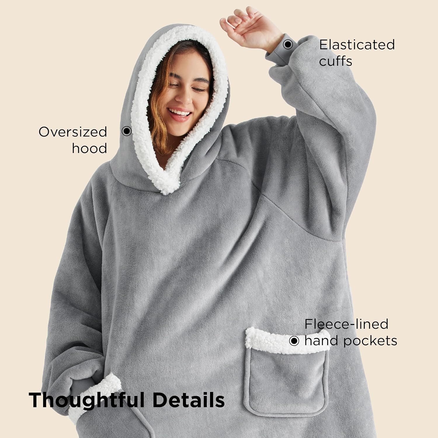 image:imageBedsure Wearable Blanket Sherpa Hoodie Gifts Sweatshirt Grey Standard Gifts for WomenMen Warm Soft Cozy Sherpa Fleece Machine Wash Birthday GiftsGrey