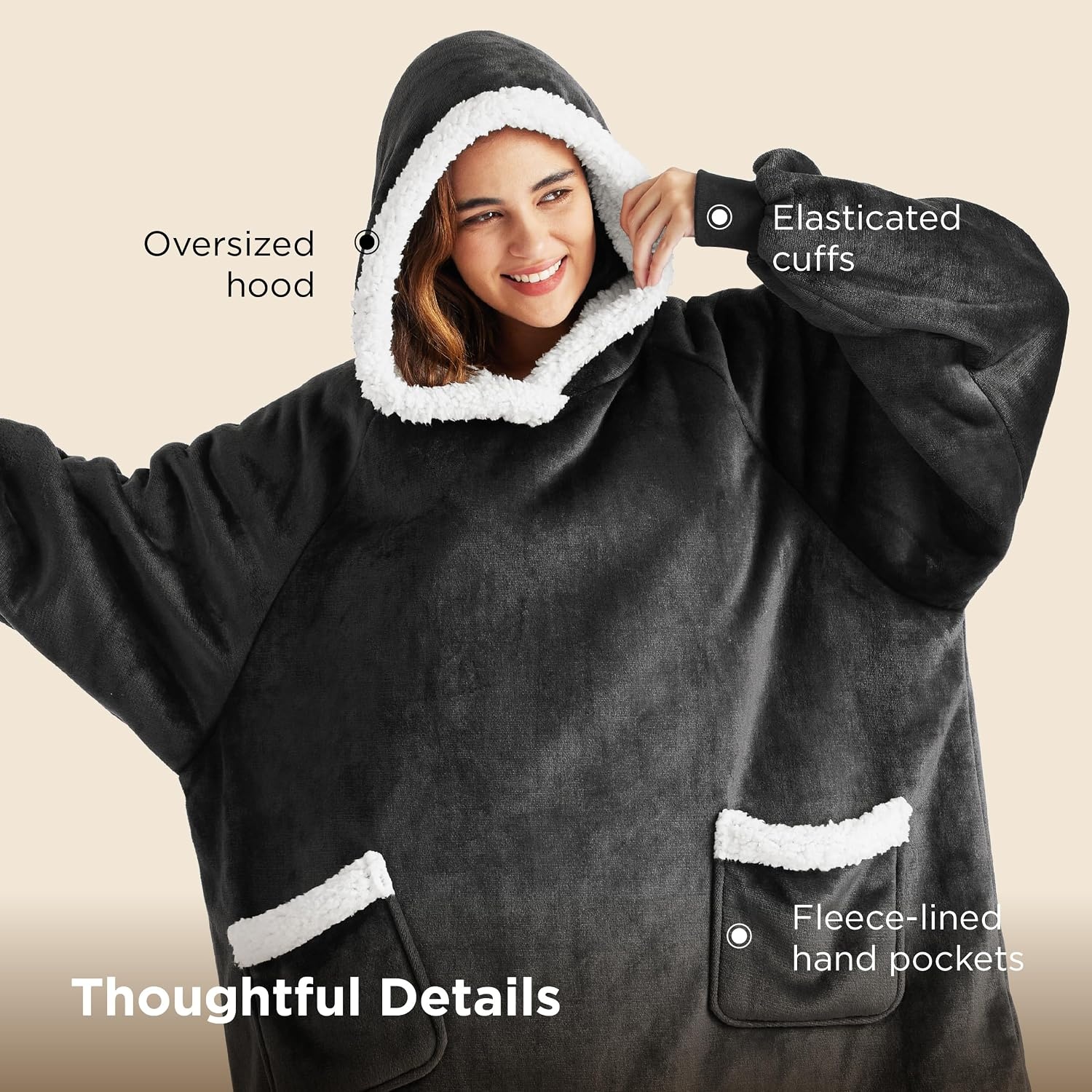 image:imageBedsure Wearable Blanket Sherpa Hoodie Gifts Sweatshirt Grey Standard Gifts for WomenMen Warm Soft Cozy Sherpa Fleece Machine Wash Birthday GiftsGrey Black