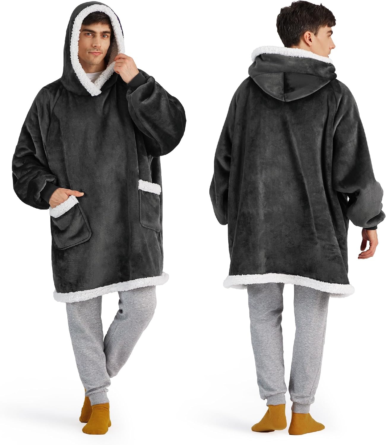 image:imageBedsure Wearable Blanket Sherpa Hoodie Gifts Sweatshirt Grey Standard Gifts for WomenMen Warm Soft Cozy Sherpa Fleece Machine Wash Birthday GiftsGrey Black