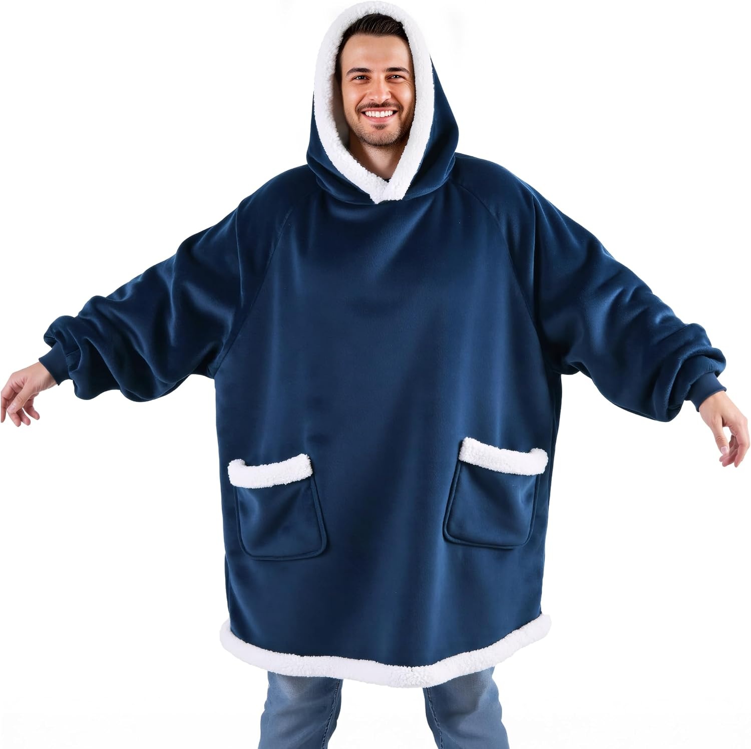 image:imageBedsure Wearable Blanket Sherpa Hoodie Gifts Sweatshirt Grey Standard Gifts for WomenMen Warm Soft Cozy Sherpa Fleece Machine Wash Birthday GiftsNavy