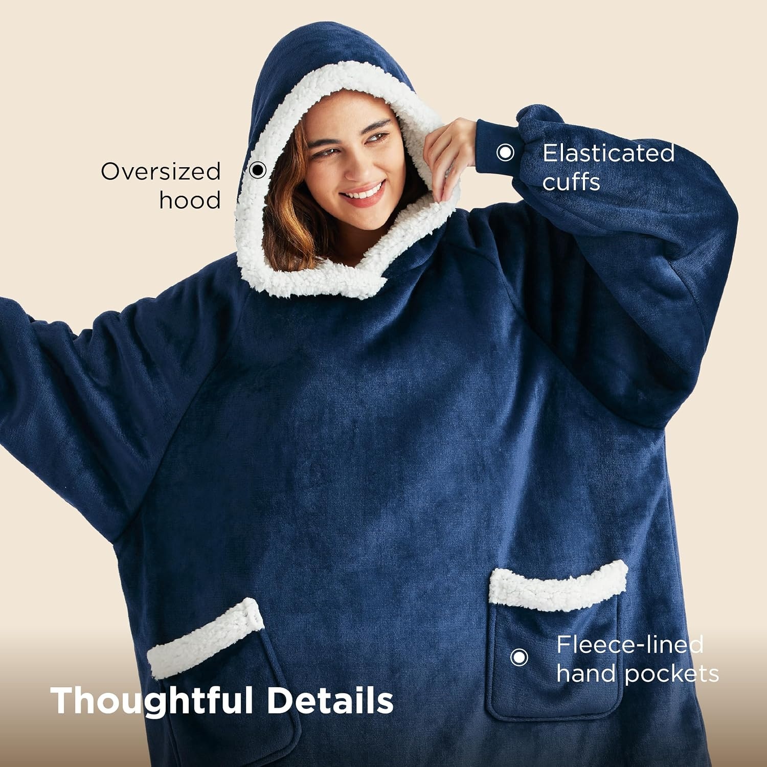 image:imageBedsure Wearable Blanket Sherpa Hoodie Gifts Sweatshirt Grey Standard Gifts for WomenMen Warm Soft Cozy Sherpa Fleece Machine Wash Birthday GiftsNavy