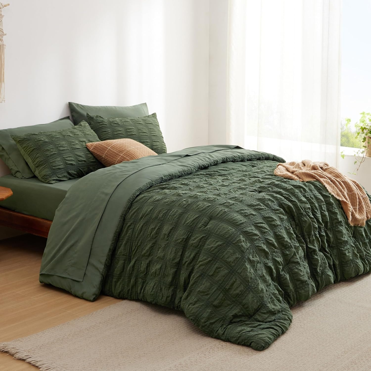 image:imageBedsure White Twin XL Comforter Sets 5 Piece Seersucker Twin XL Bed in a Bag Lightweight Soft White Comforter Set for College Dorm Comforters Sheets Pillowcases amp Shams06 Olive Green