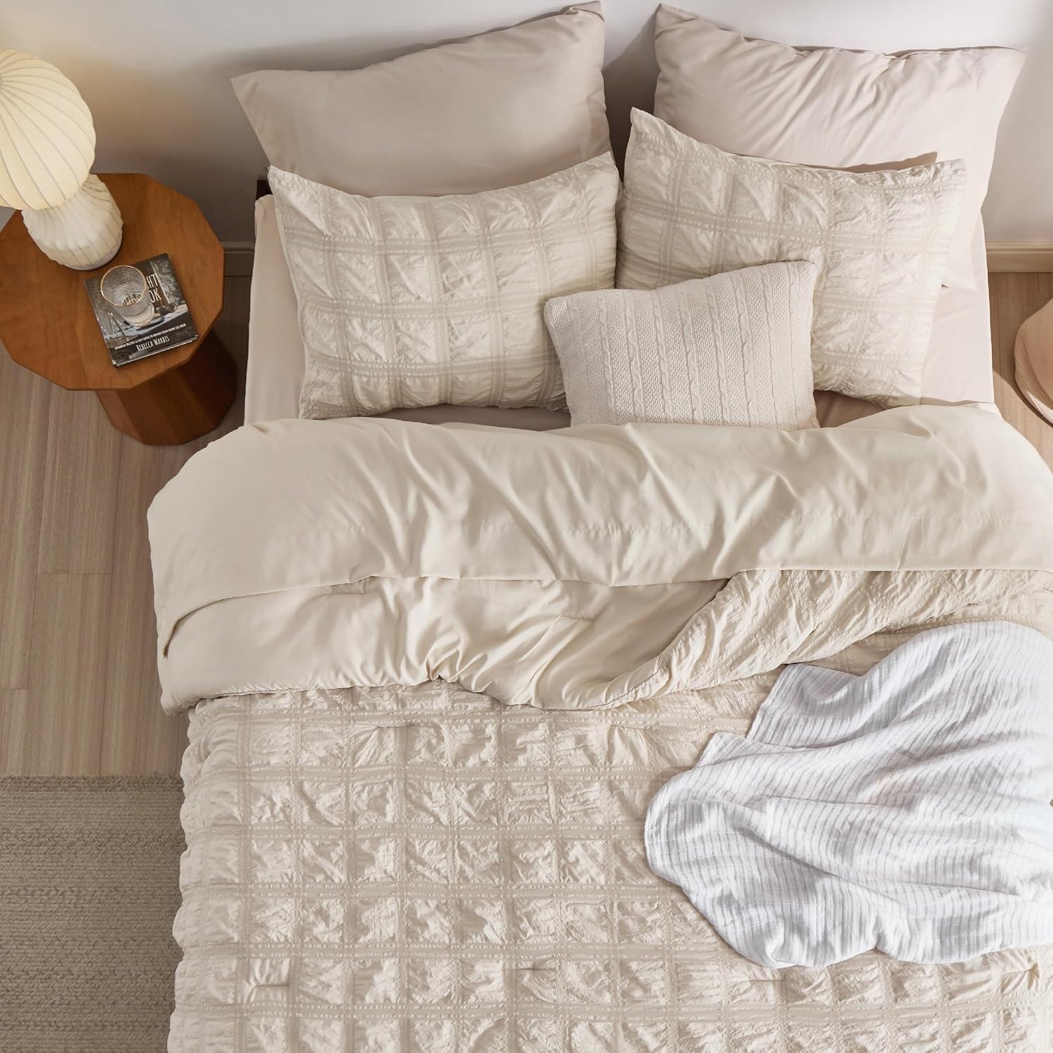 image:imageBedsure White Twin XL Comforter Sets 5 Piece Seersucker Twin XL Bed in a Bag Lightweight Soft White Comforter Set for College Dorm Comforters Sheets Pillowcases amp Shams02 Beige