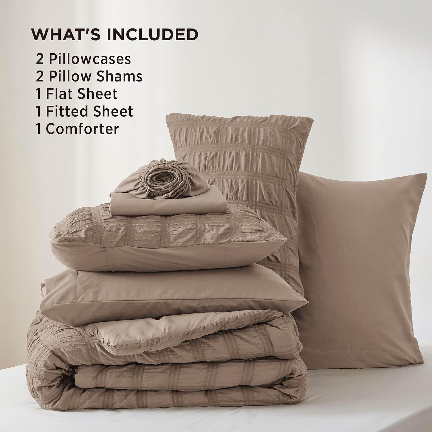 image:imageBedsure White Twin XL Comforter Sets 5 Piece Seersucker Twin XL Bed in a Bag Lightweight Soft White Comforter Set for College Dorm Comforters Sheets Pillowcases amp Shams04 Coffee Brown