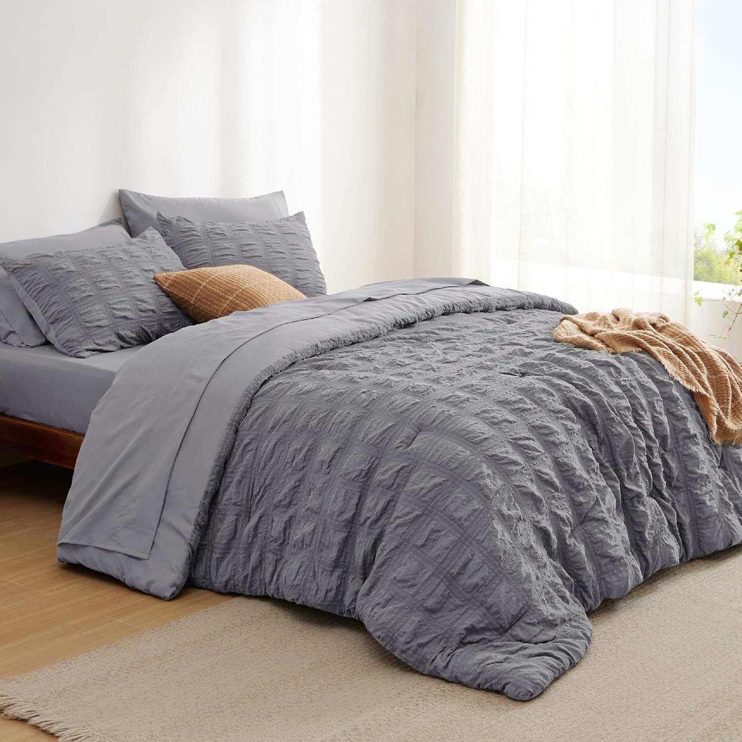 image:imageBedsure White Twin XL Comforter Sets 5 Piece Seersucker Twin XL Bed in a Bag Lightweight Soft White Comforter Set for College Dorm Comforters Sheets Pillowcases amp Shams05 Gery