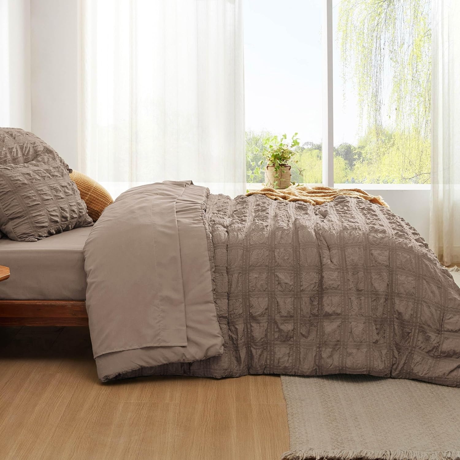 image:imageBedsure White Twin XL Comforter Sets 5 Piece Seersucker Twin XL Bed in a Bag Lightweight Soft White Comforter Set for College Dorm Comforters Sheets Pillowcases amp Shams04 Coffee Brown