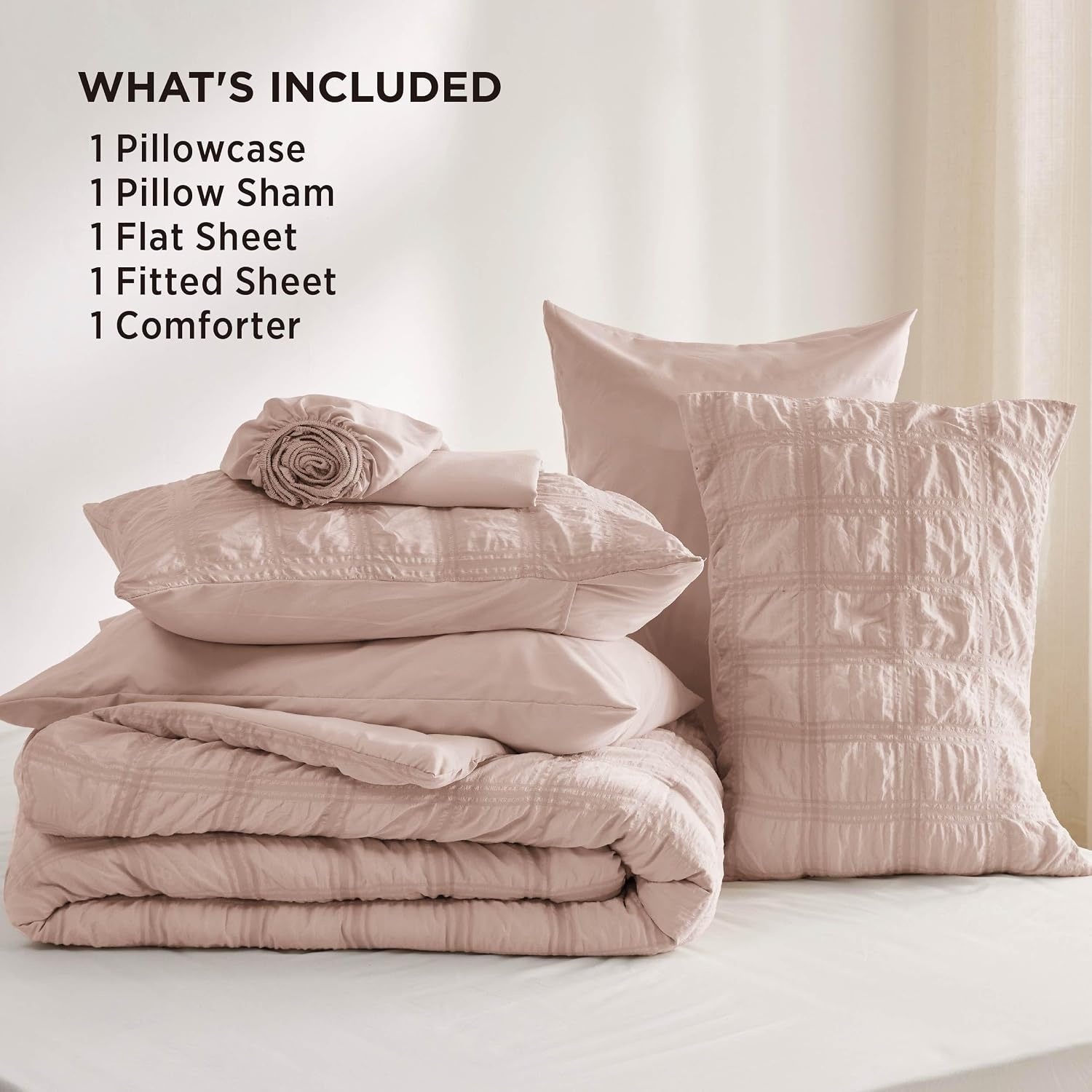 image:imageBedsure White Twin XL Comforter Sets 5 Piece Seersucker Twin XL Bed in a Bag Lightweight Soft White Comforter Set for College Dorm Comforters Sheets Pillowcases amp Shams03 Dusty Rose