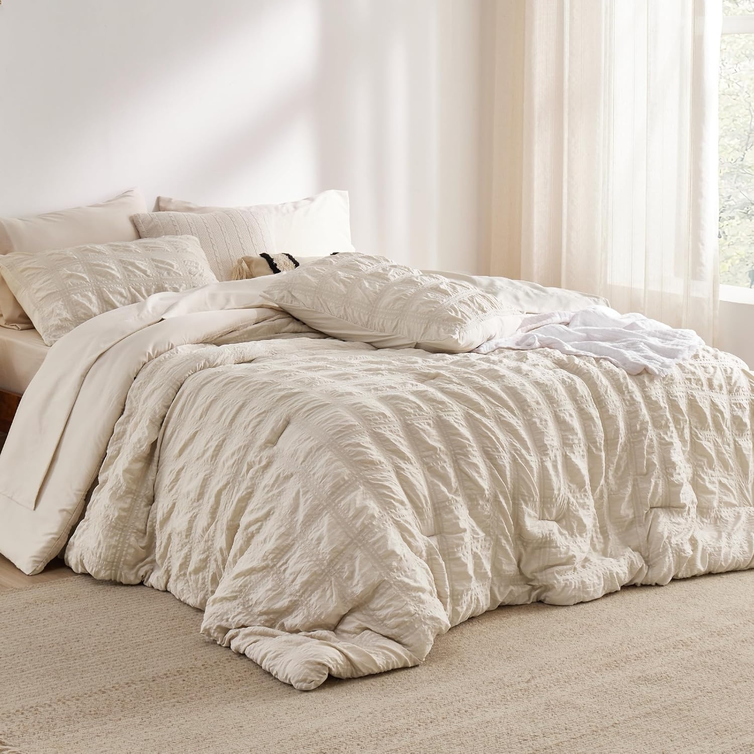 image:imageBedsure White Twin XL Comforter Sets 5 Piece Seersucker Twin XL Bed in a Bag Lightweight Soft White Comforter Set for College Dorm Comforters Sheets Pillowcases amp Shams02 Beige