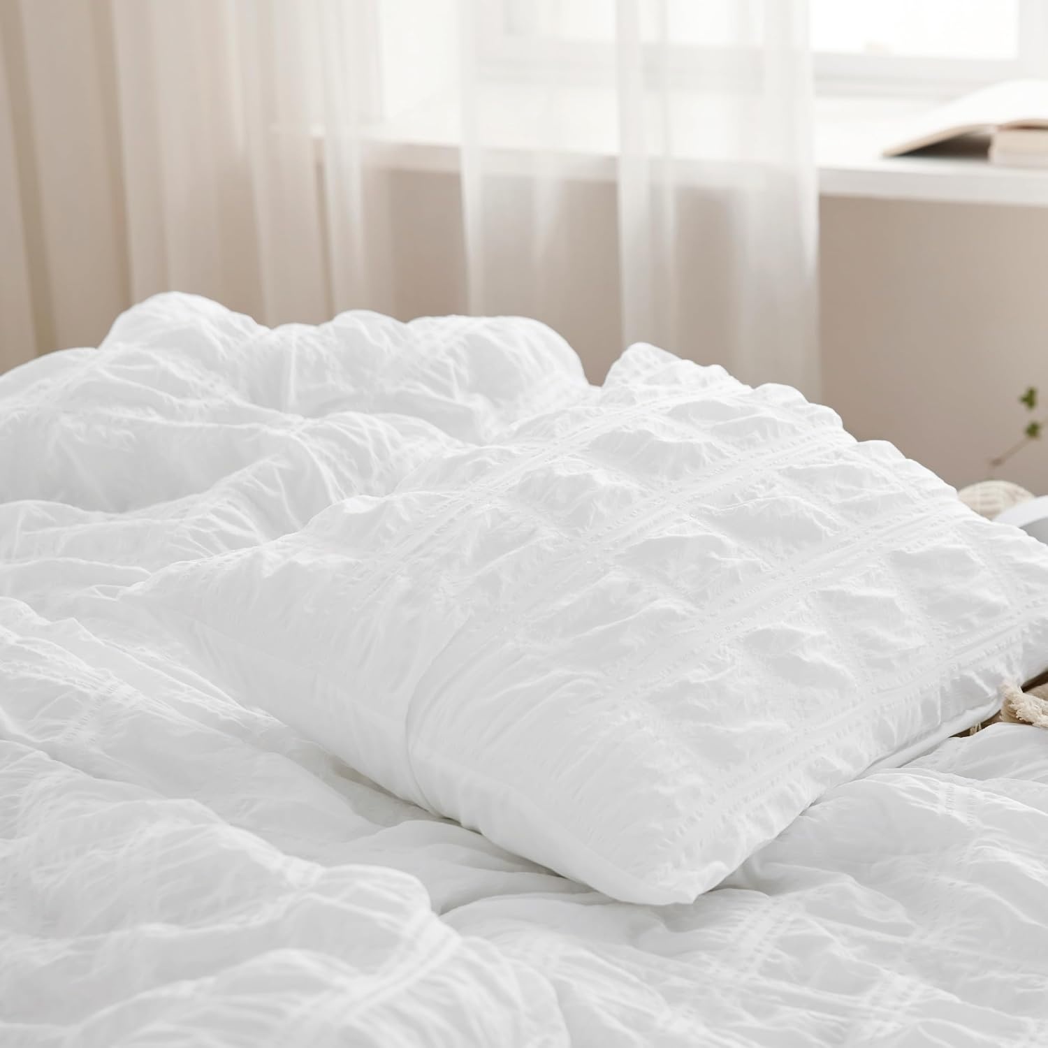 image:imageBedsure White Twin XL Comforter Sets 5 Piece Seersucker Twin XL Bed in a Bag Lightweight Soft White Comforter Set for College Dorm Comforters Sheets Pillowcases amp Shams01 White