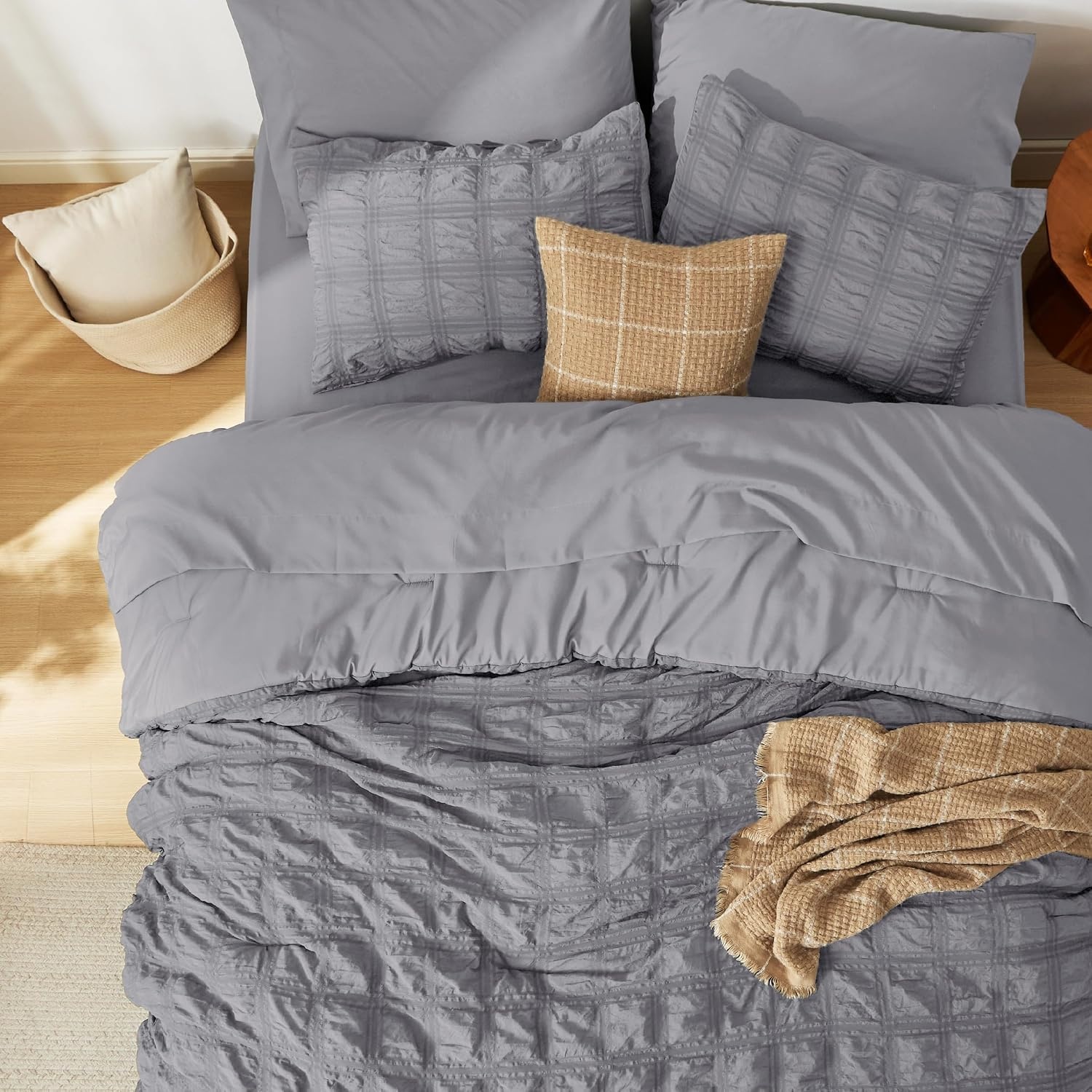 image:imageBedsure White Twin XL Comforter Sets 5 Piece Seersucker Twin XL Bed in a Bag Lightweight Soft White Comforter Set for College Dorm Comforters Sheets Pillowcases amp Shams05 Gery