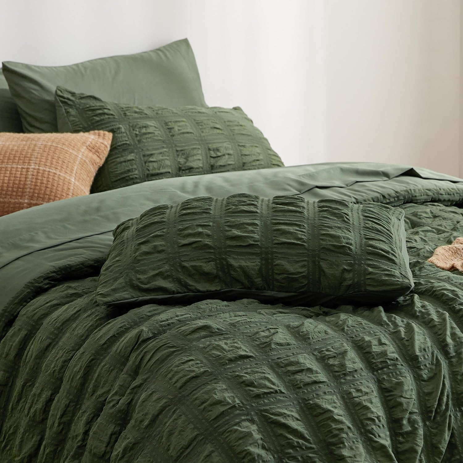image:imageBedsure White Twin XL Comforter Sets 5 Piece Seersucker Twin XL Bed in a Bag Lightweight Soft White Comforter Set for College Dorm Comforters Sheets Pillowcases amp Shams06 Olive Green