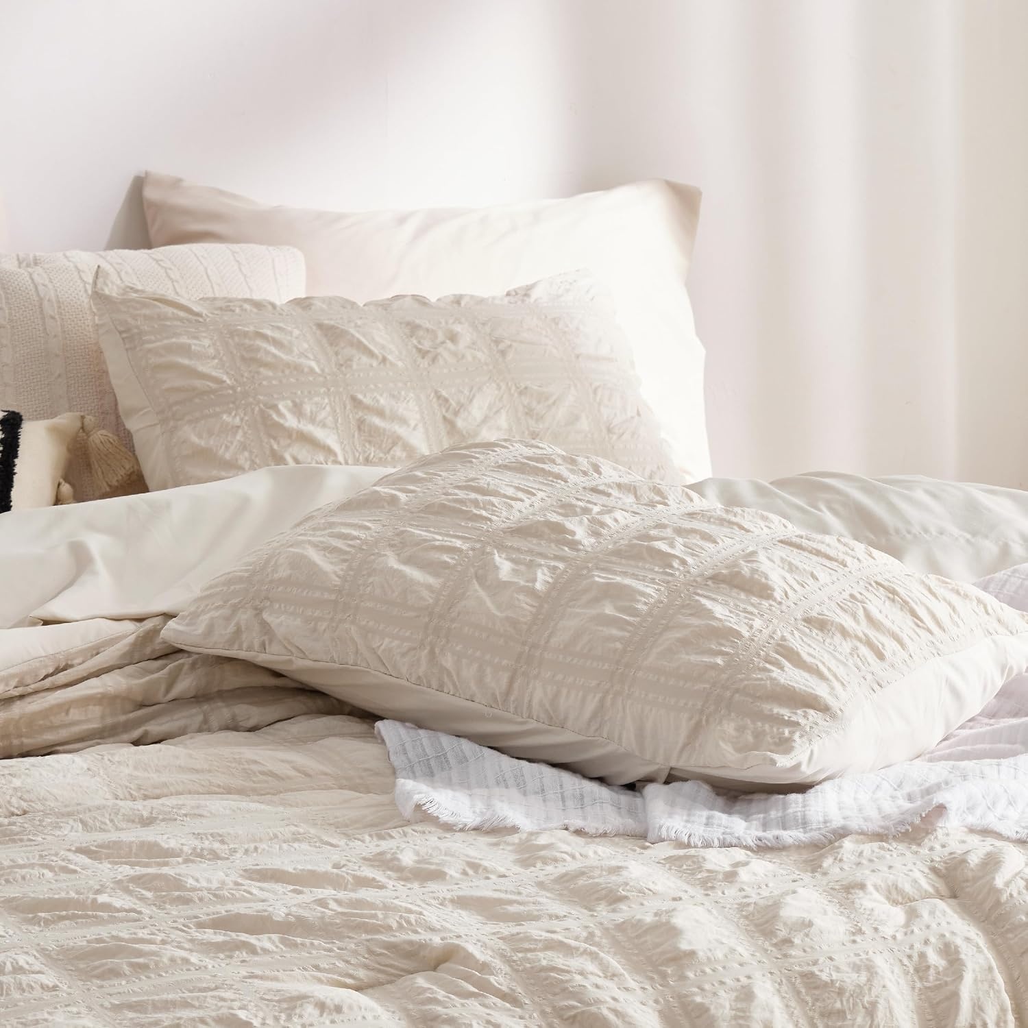 image:imageBedsure White Twin XL Comforter Sets 5 Piece Seersucker Twin XL Bed in a Bag Lightweight Soft White Comforter Set for College Dorm Comforters Sheets Pillowcases amp Shams02 Beige