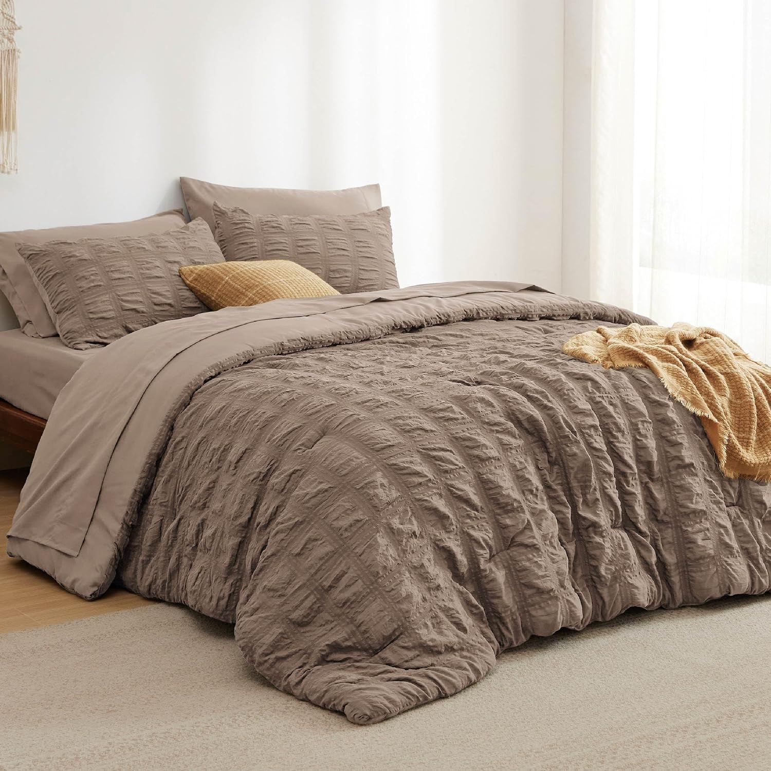 image:imageBedsure White Twin XL Comforter Sets 5 Piece Seersucker Twin XL Bed in a Bag Lightweight Soft White Comforter Set for College Dorm Comforters Sheets Pillowcases amp Shams04 Coffee Brown