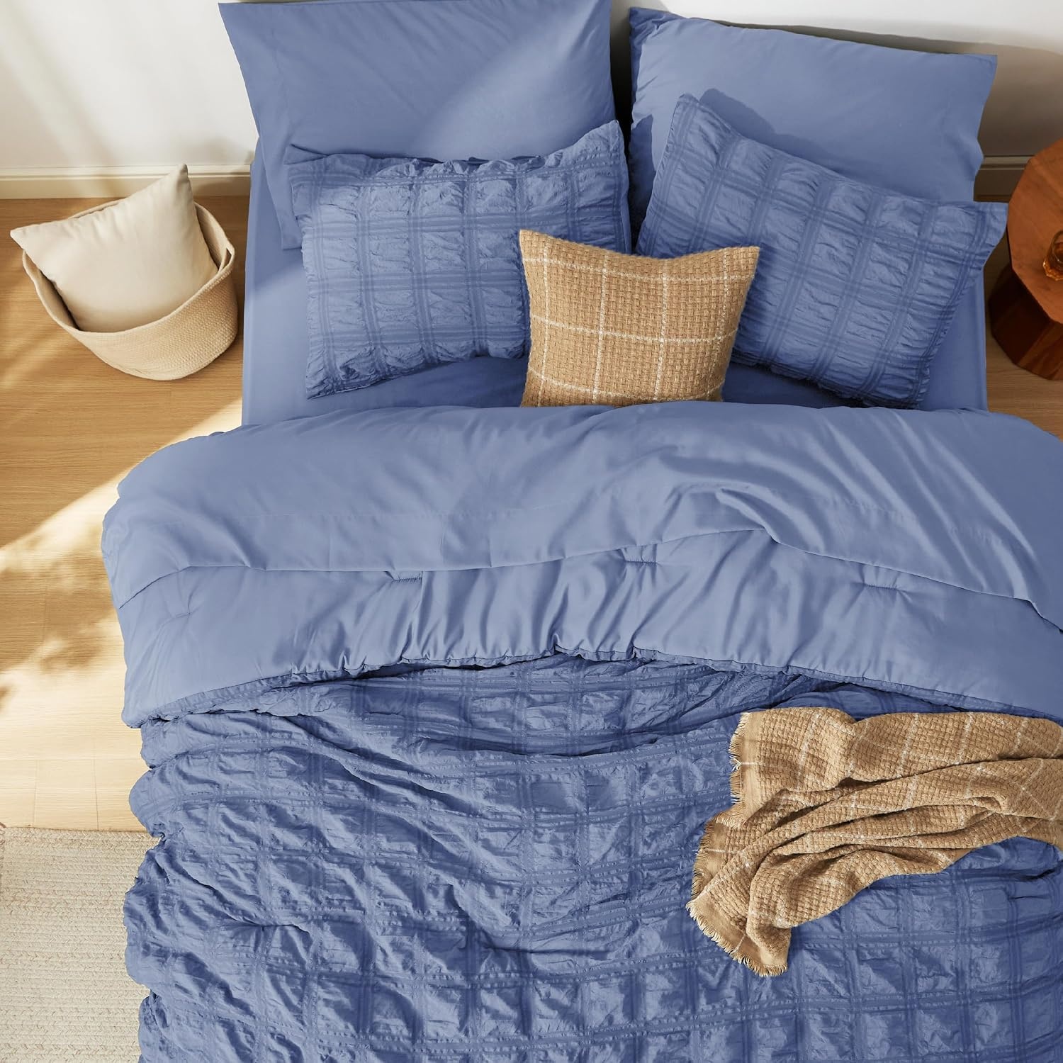 image:imageBedsure White Twin XL Comforter Sets 5 Piece Seersucker Twin XL Bed in a Bag Lightweight Soft White Comforter Set for College Dorm Comforters Sheets Pillowcases amp Shams07 Blue