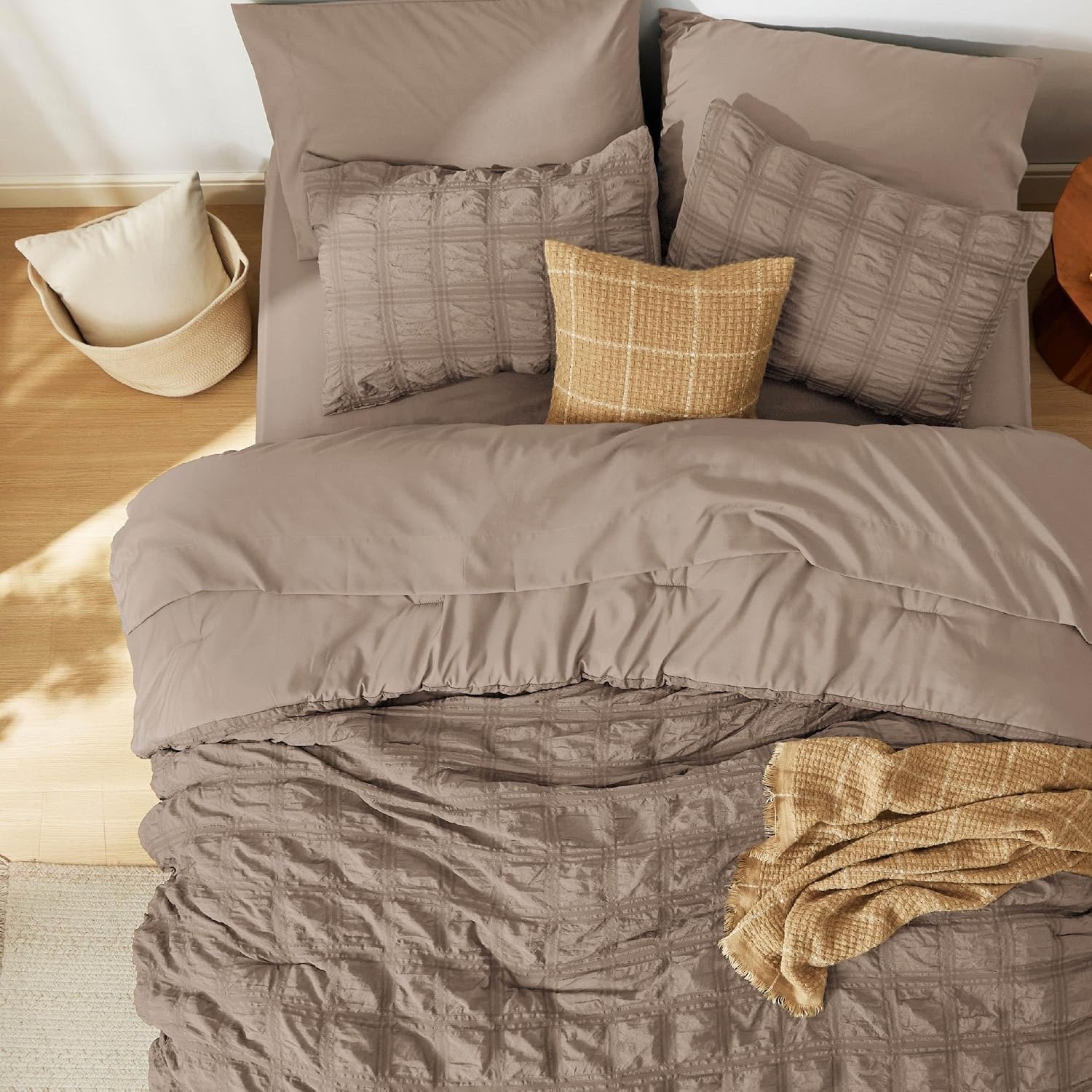 image:imageBedsure White Twin XL Comforter Sets 5 Piece Seersucker Twin XL Bed in a Bag Lightweight Soft White Comforter Set for College Dorm Comforters Sheets Pillowcases amp Shams04 Coffee Brown