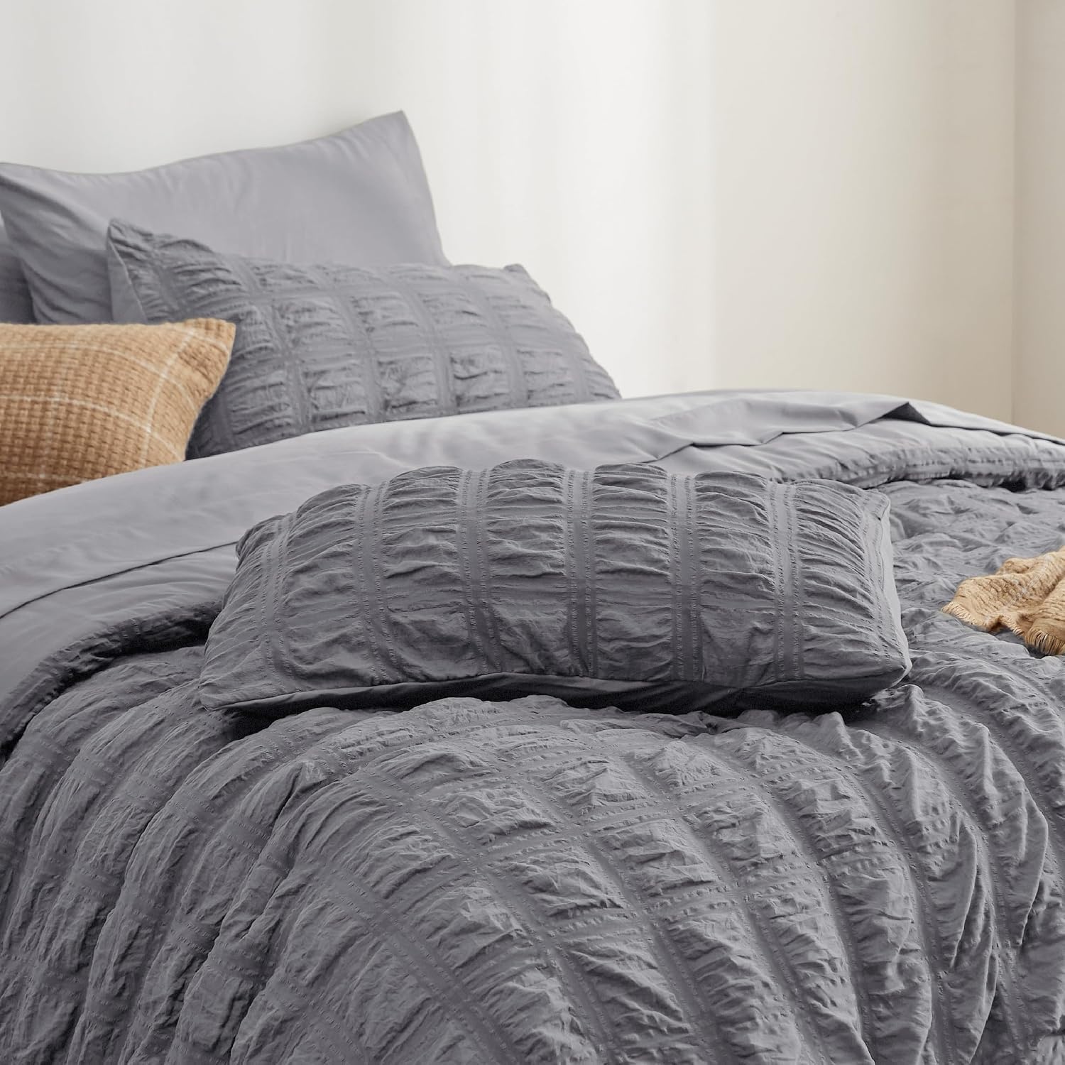 image:imageBedsure White Twin XL Comforter Sets 5 Piece Seersucker Twin XL Bed in a Bag Lightweight Soft White Comforter Set for College Dorm Comforters Sheets Pillowcases amp Shams05 Gery