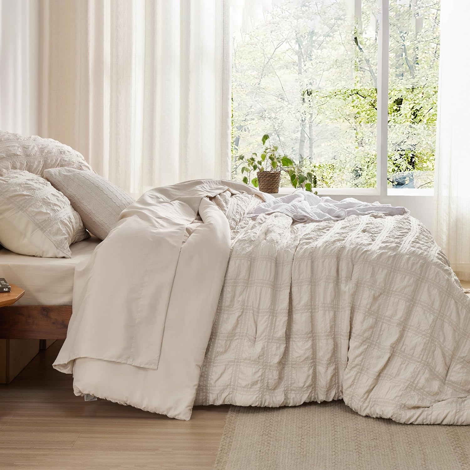 image:imageBedsure White Twin XL Comforter Sets 5 Piece Seersucker Twin XL Bed in a Bag Lightweight Soft White Comforter Set for College Dorm Comforters Sheets Pillowcases amp Shams02 Beige
