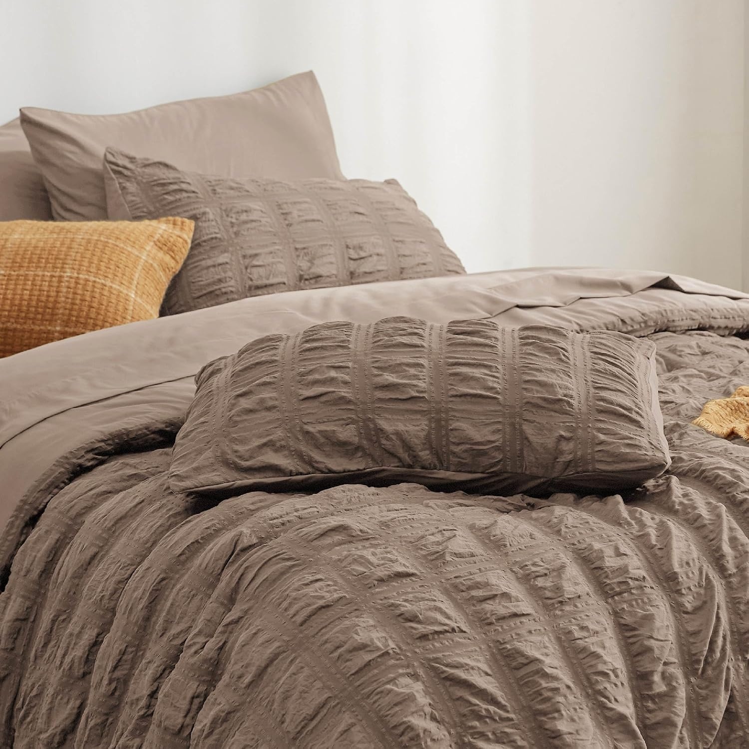 image:imageBedsure White Twin XL Comforter Sets 5 Piece Seersucker Twin XL Bed in a Bag Lightweight Soft White Comforter Set for College Dorm Comforters Sheets Pillowcases amp Shams04 Coffee Brown