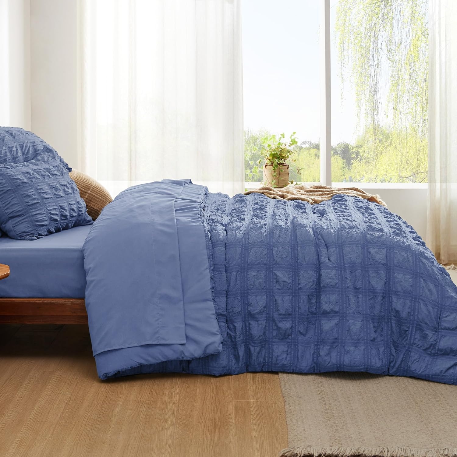 image:imageBedsure White Twin XL Comforter Sets 5 Piece Seersucker Twin XL Bed in a Bag Lightweight Soft White Comforter Set for College Dorm Comforters Sheets Pillowcases amp Shams07 Blue