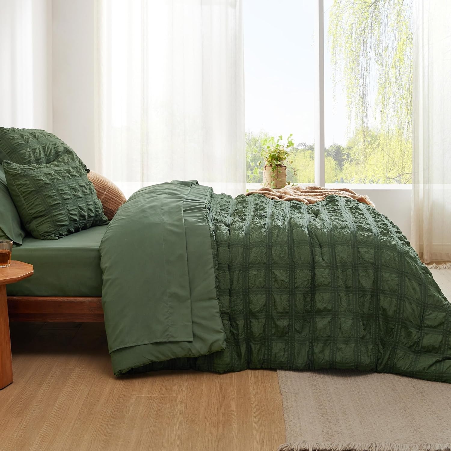 image:imageBedsure White Twin XL Comforter Sets 5 Piece Seersucker Twin XL Bed in a Bag Lightweight Soft White Comforter Set for College Dorm Comforters Sheets Pillowcases amp Shams06 Olive Green