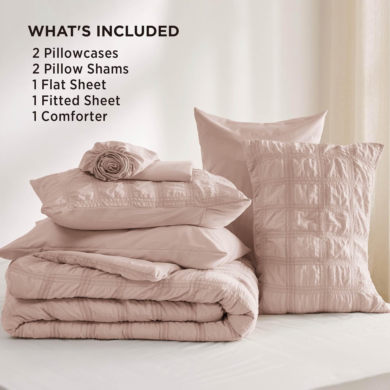 image:imageBedsure White Twin XL Comforter Sets 5 Piece Seersucker Twin XL Bed in a Bag Lightweight Soft White Comforter Set for College Dorm Comforters Sheets Pillowcases amp Shams03 Dusty Rose