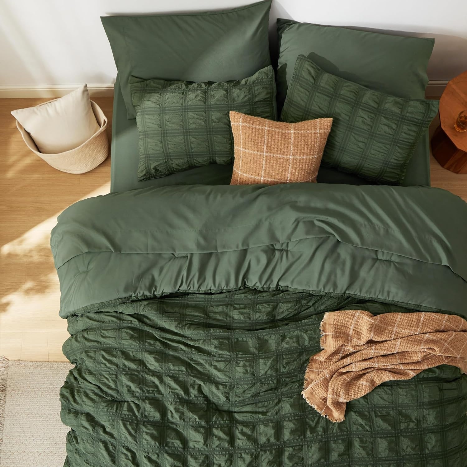 image:imageBedsure White Twin XL Comforter Sets 5 Piece Seersucker Twin XL Bed in a Bag Lightweight Soft White Comforter Set for College Dorm Comforters Sheets Pillowcases amp Shams06 Olive Green