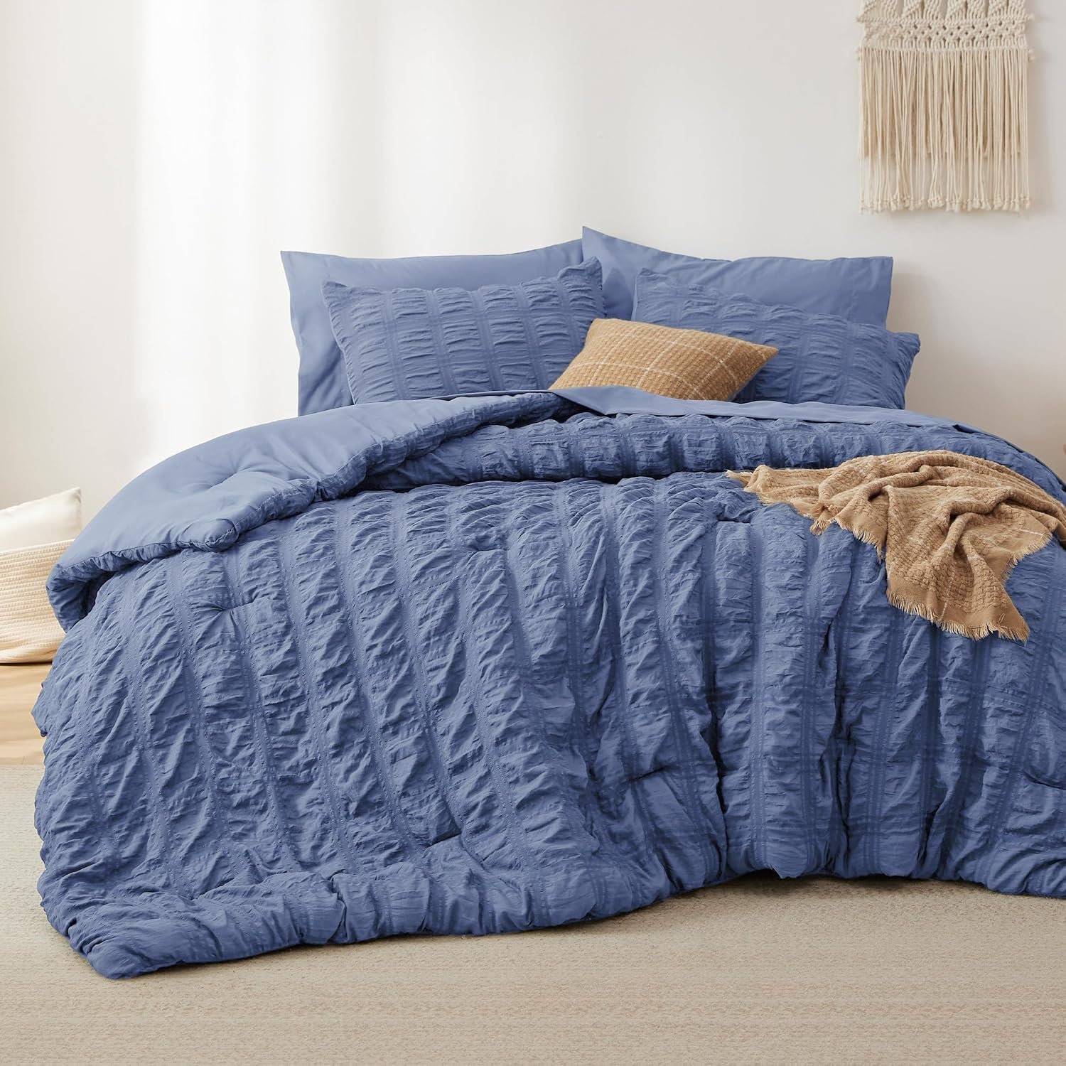 image:imageBedsure White Twin XL Comforter Sets 5 Piece Seersucker Twin XL Bed in a Bag Lightweight Soft White Comforter Set for College Dorm Comforters Sheets Pillowcases amp Shams07 Blue