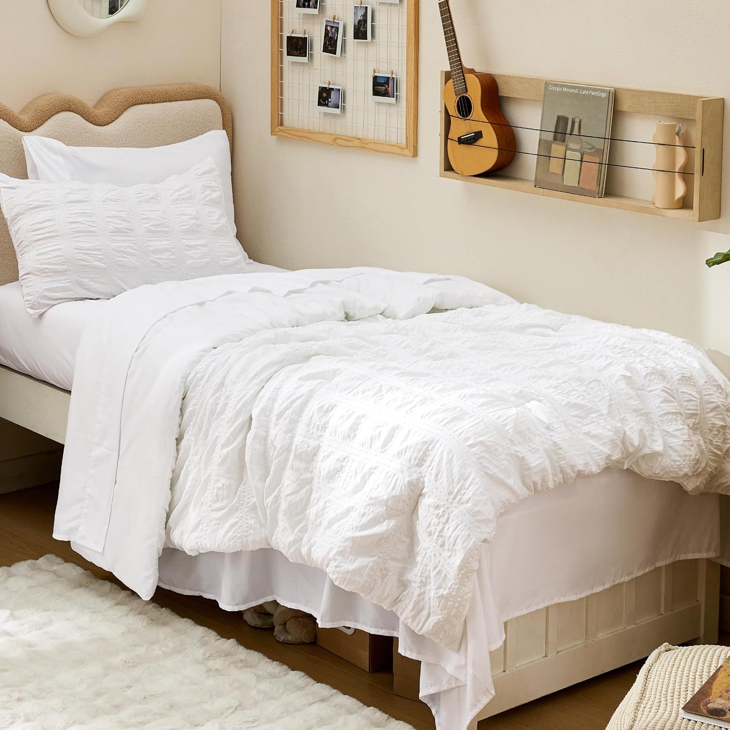 image:imageBedsure White Twin XL Comforter Sets 5 Piece Seersucker Twin XL Bed in a Bag Lightweight Soft White Comforter Set for College Dorm Comforters Sheets Pillowcases amp Shams01 White