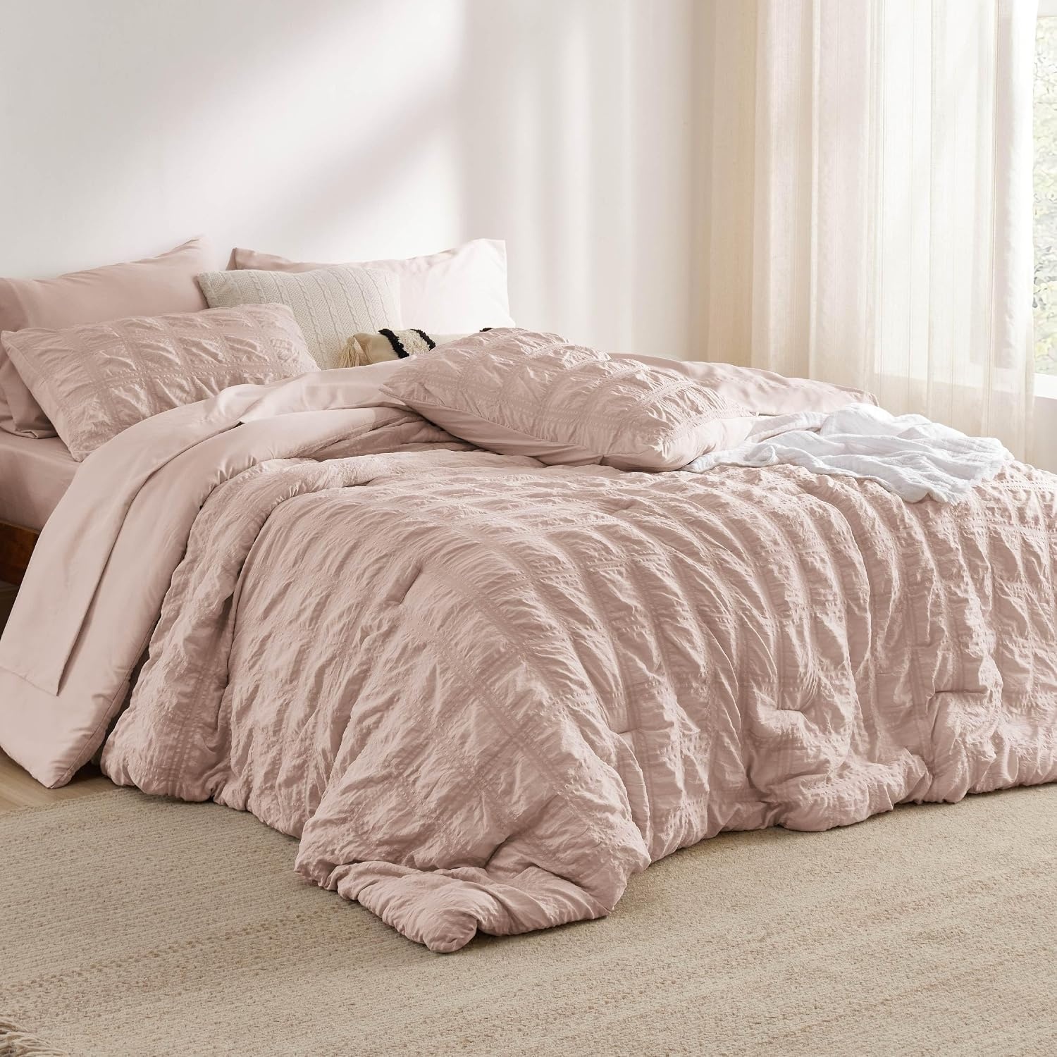 image:imageBedsure White Twin XL Comforter Sets 5 Piece Seersucker Twin XL Bed in a Bag Lightweight Soft White Comforter Set for College Dorm Comforters Sheets Pillowcases amp Shams03 Dusty Rose