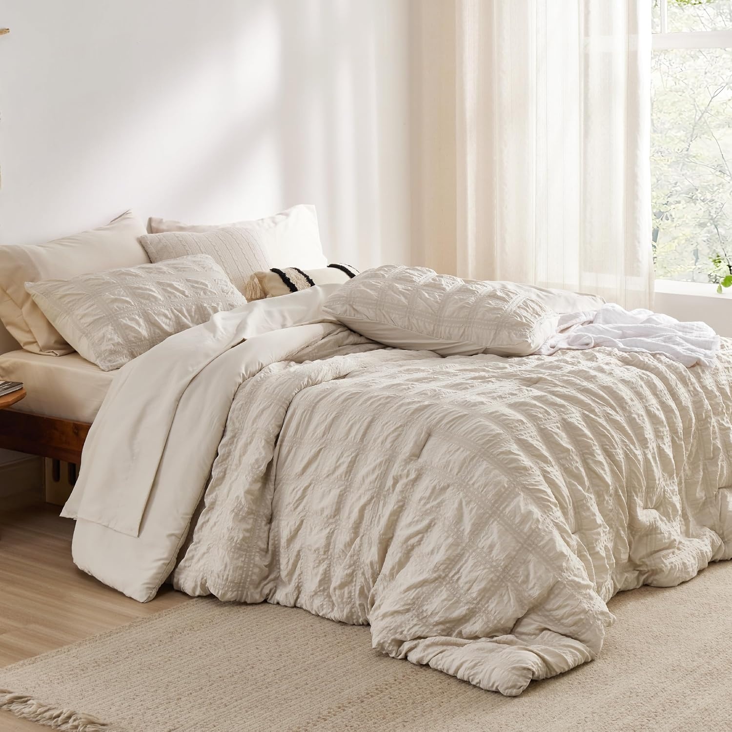 image:imageBedsure White Twin XL Comforter Sets 5 Piece Seersucker Twin XL Bed in a Bag Lightweight Soft White Comforter Set for College Dorm Comforters Sheets Pillowcases amp Shams02 Beige