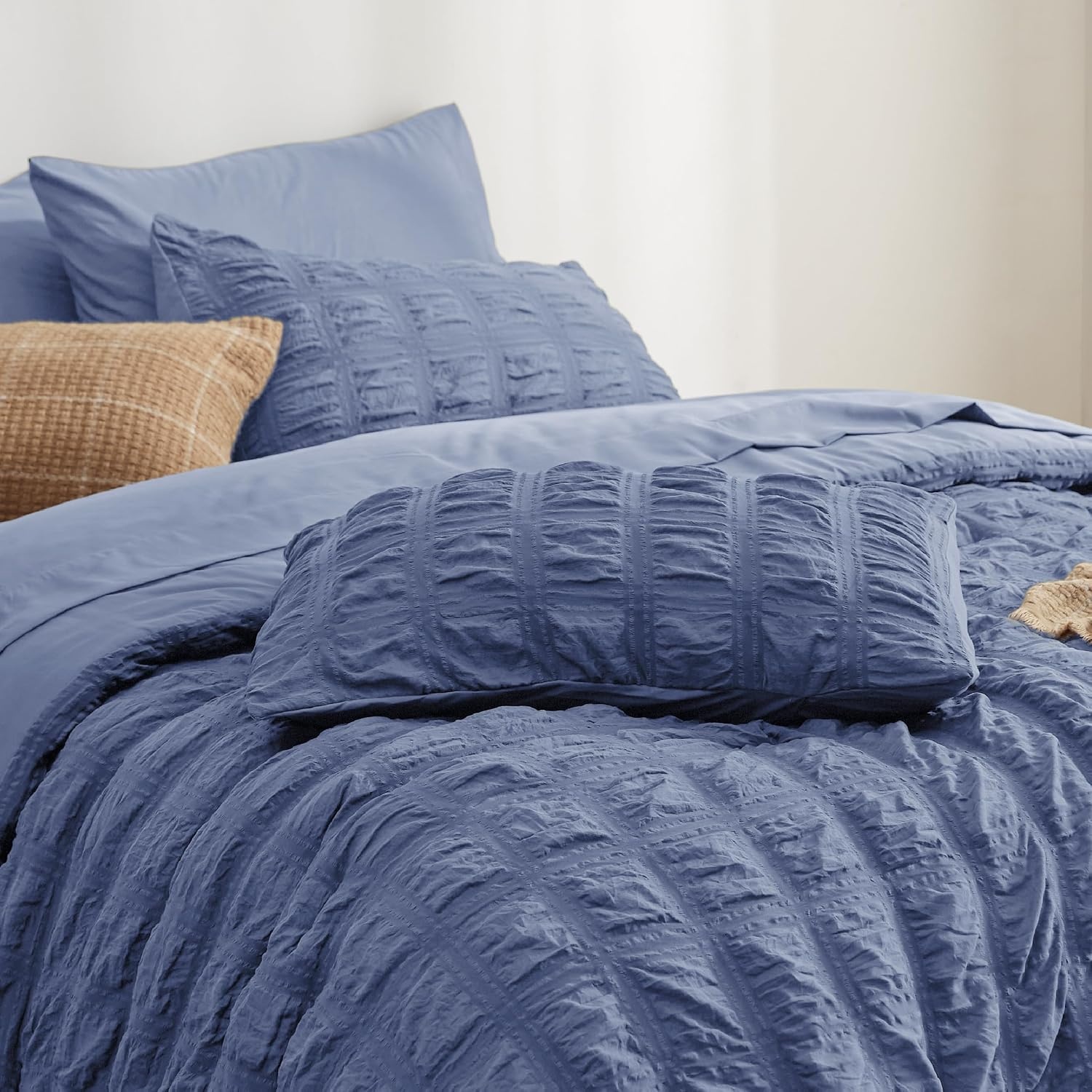 image:imageBedsure White Twin XL Comforter Sets 5 Piece Seersucker Twin XL Bed in a Bag Lightweight Soft White Comforter Set for College Dorm Comforters Sheets Pillowcases amp Shams07 Blue